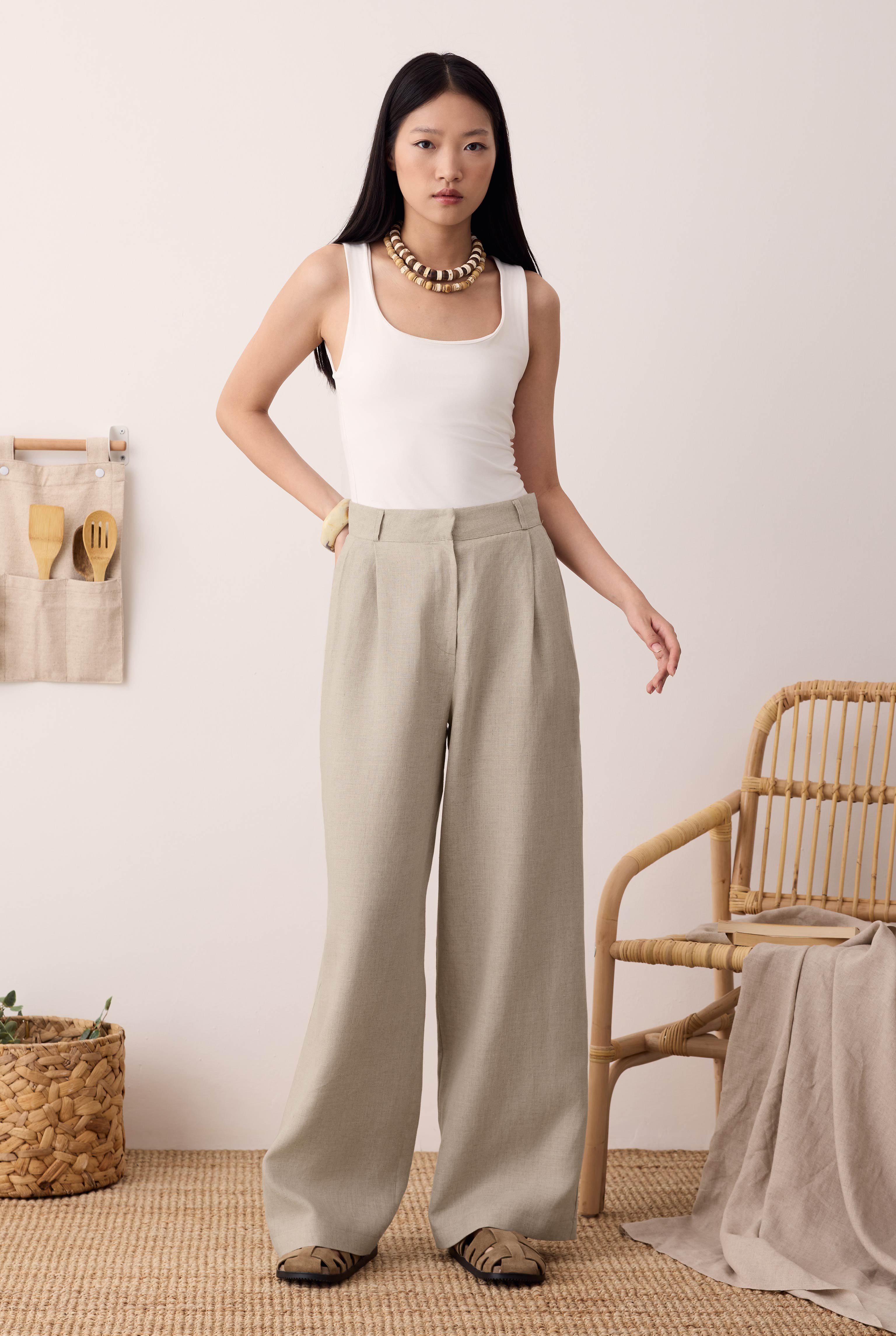Pileli Basic Keten Pantolon Sedef - HE-QA