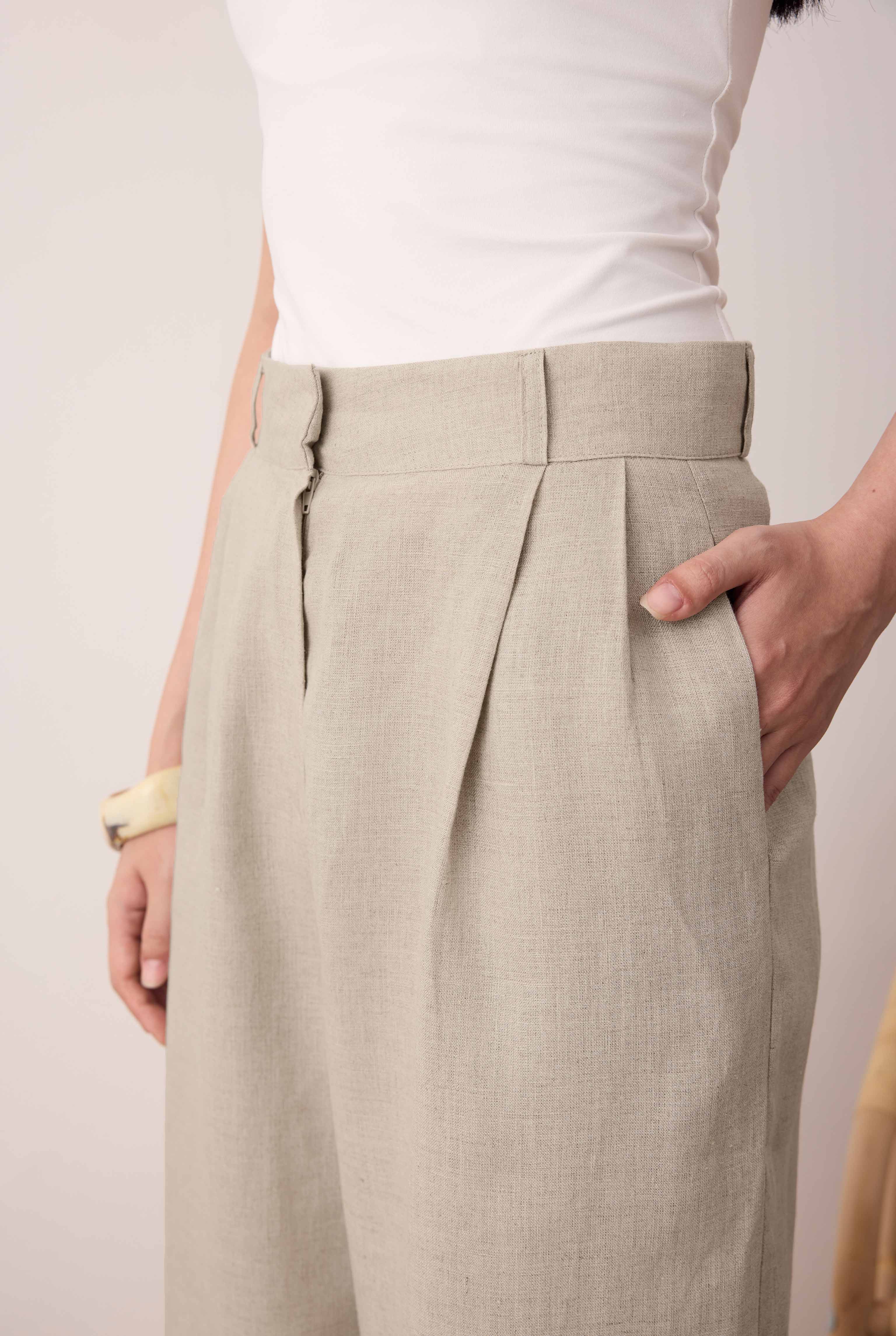 Pileli Basic Keten Pantolon Sedef - 2
