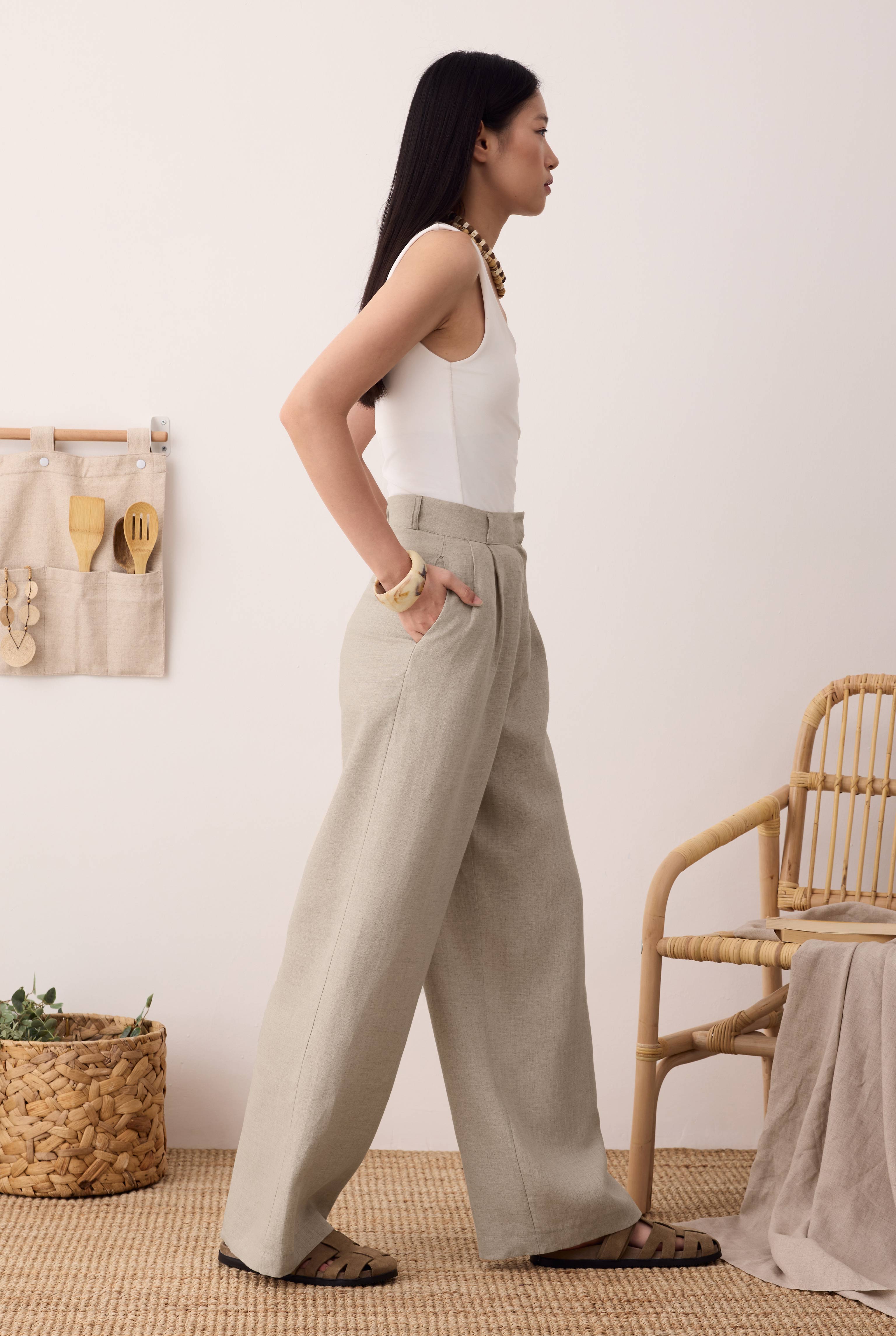Pileli Basic Keten Pantolon Sedef - 3