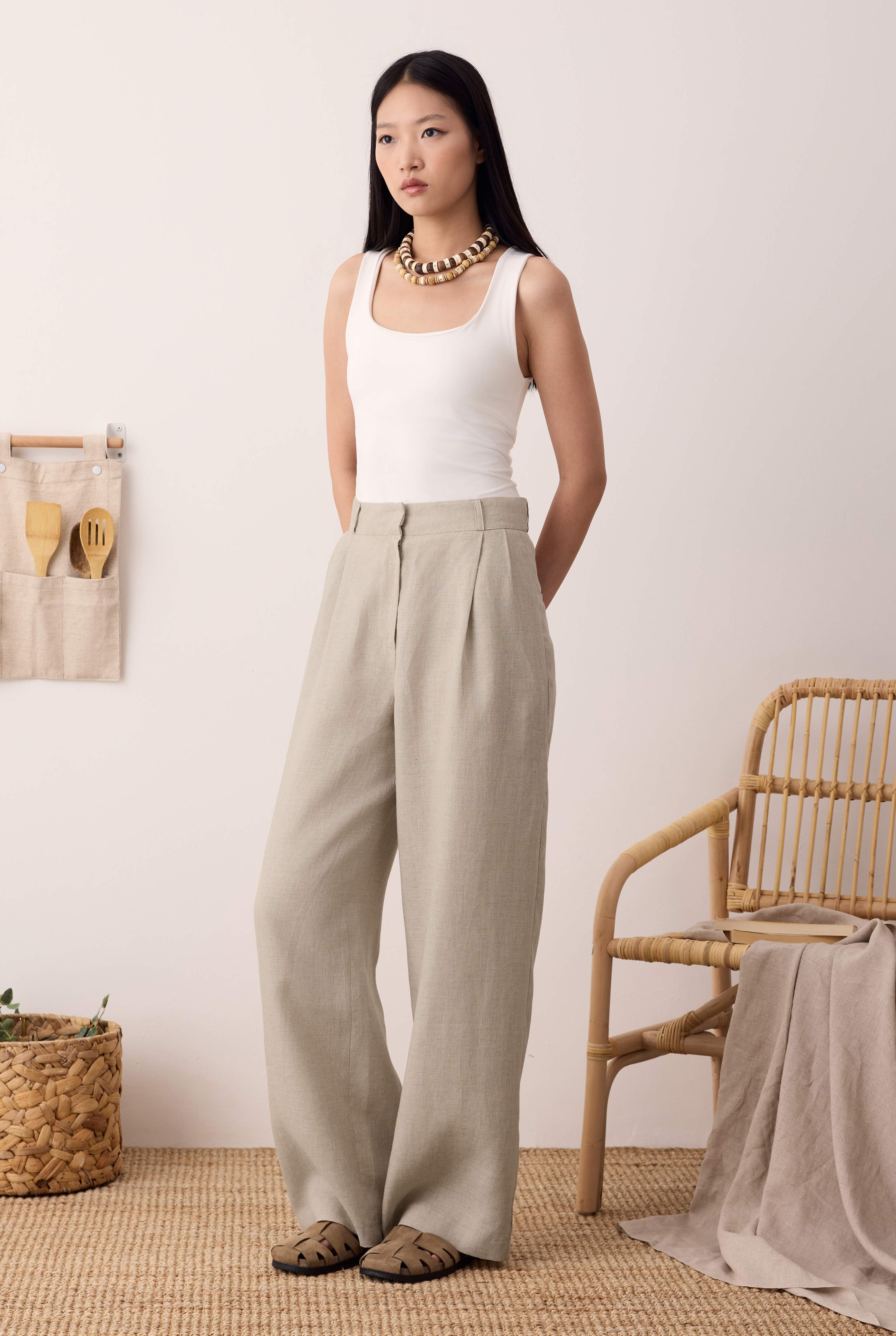 Pileli Basic Keten Pantolon Sedef - 4