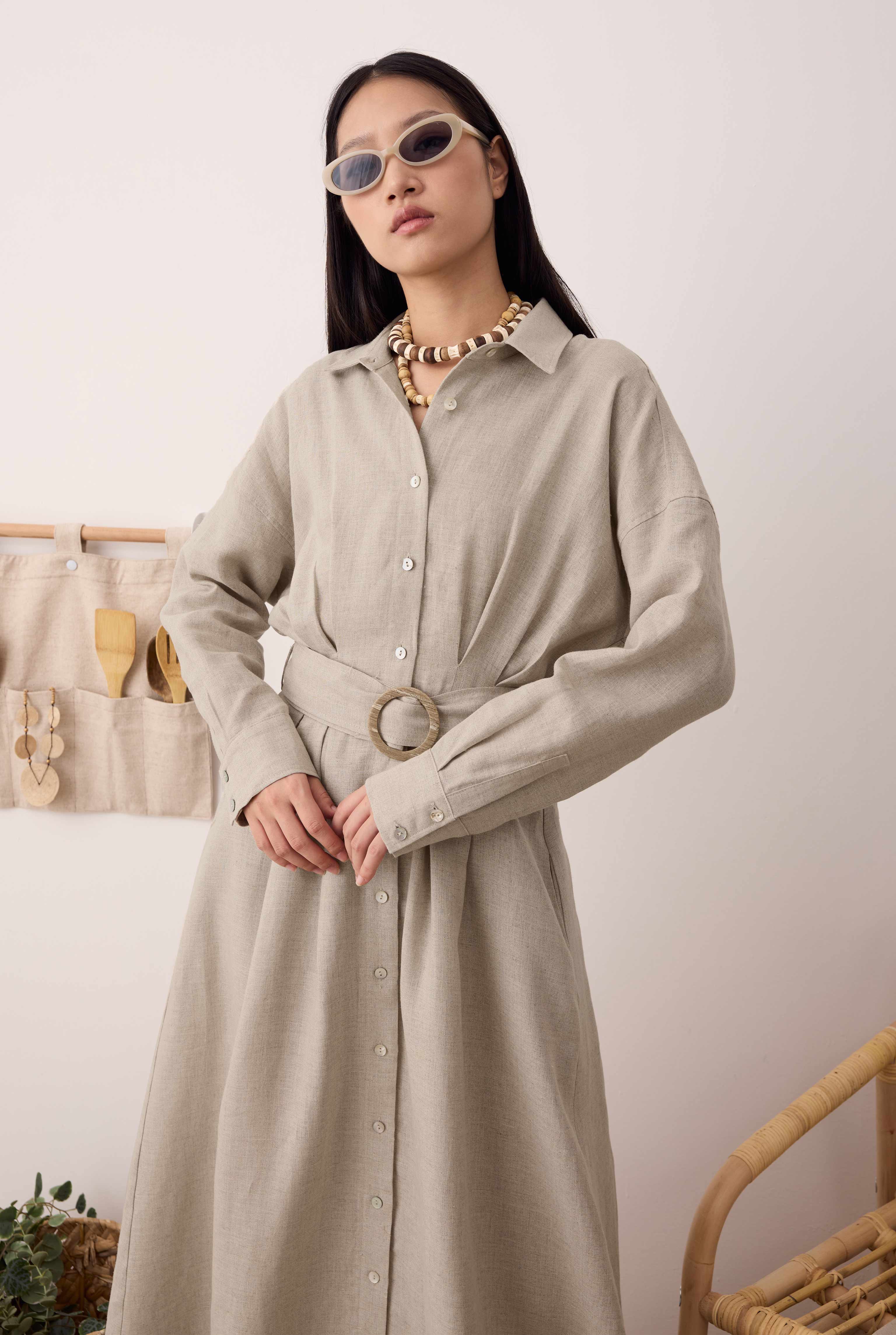 Pleated Long Linen Dress Pearl - 3