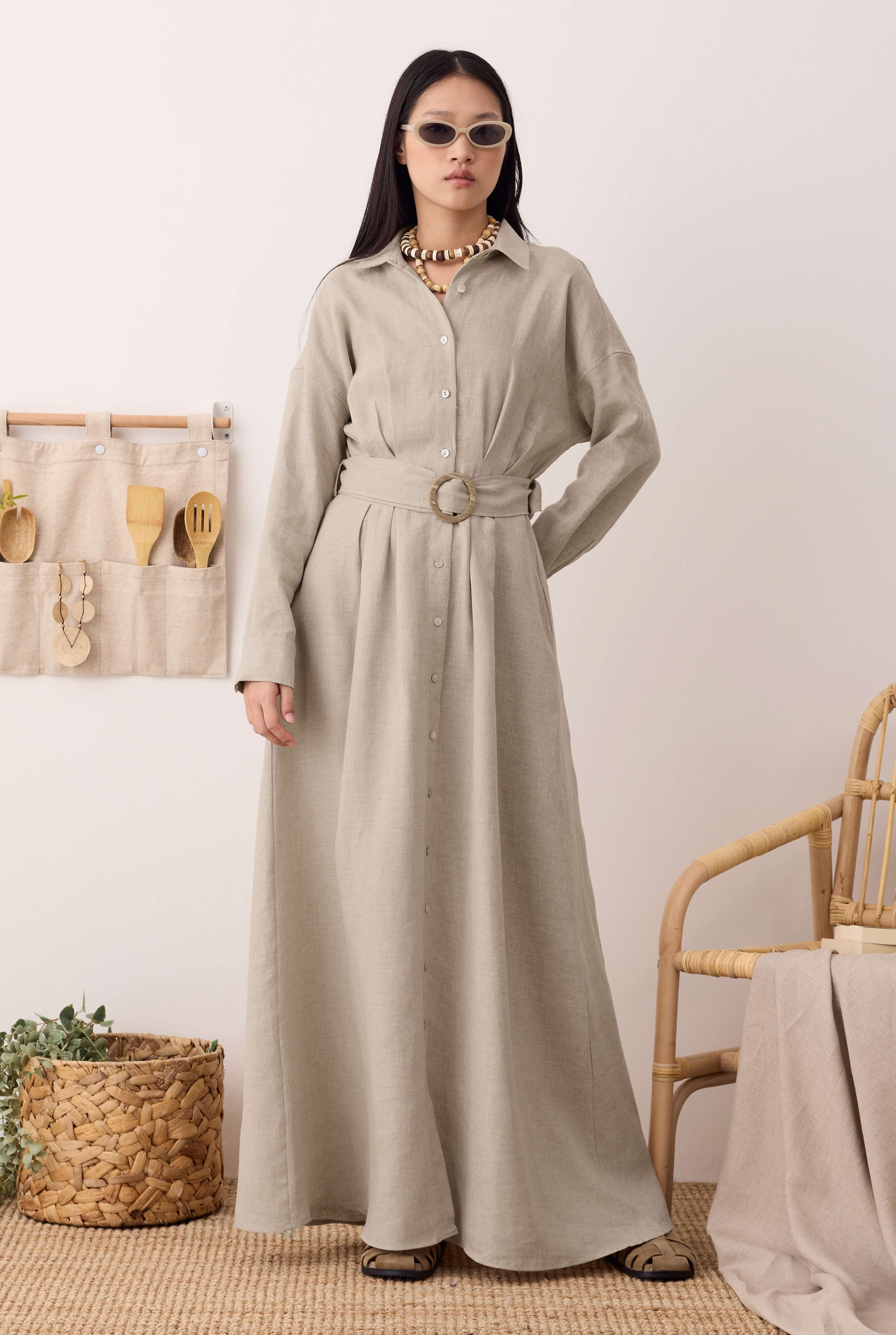 Pleated Long Linen Dress Pearl - 4