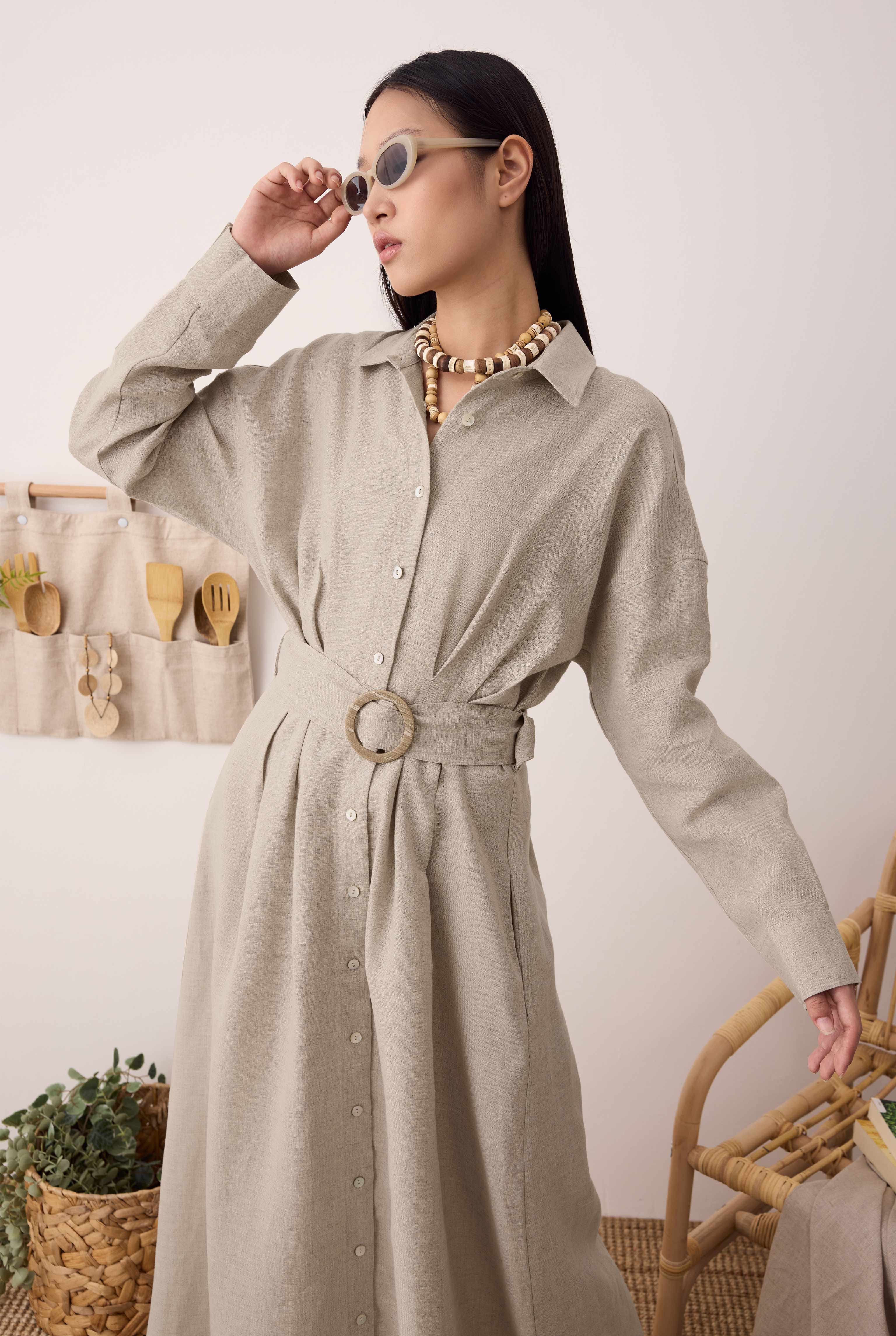 Pleated Long Linen Dress Pearl - 5