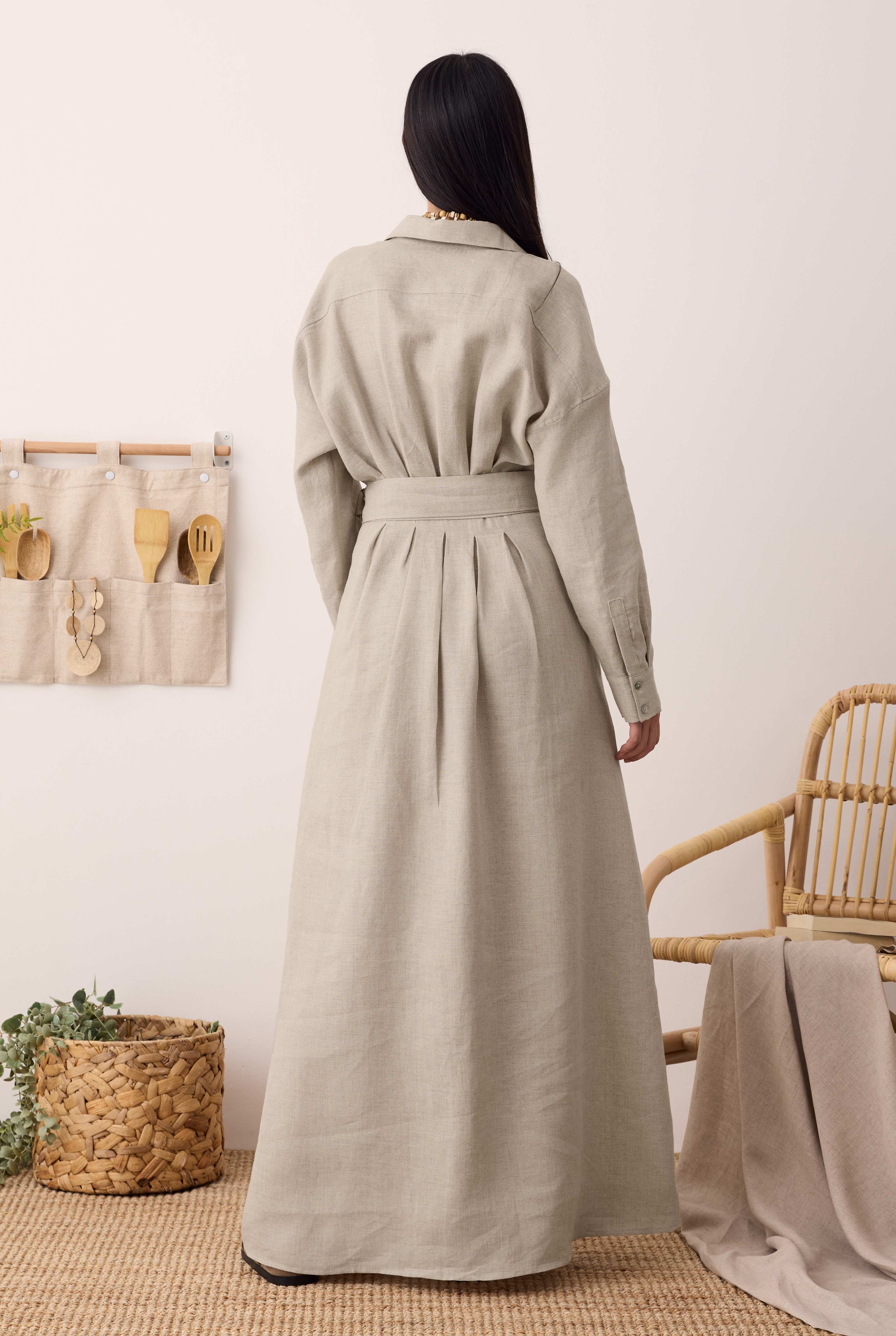 Pleated Long Linen Dress Pearl - 6