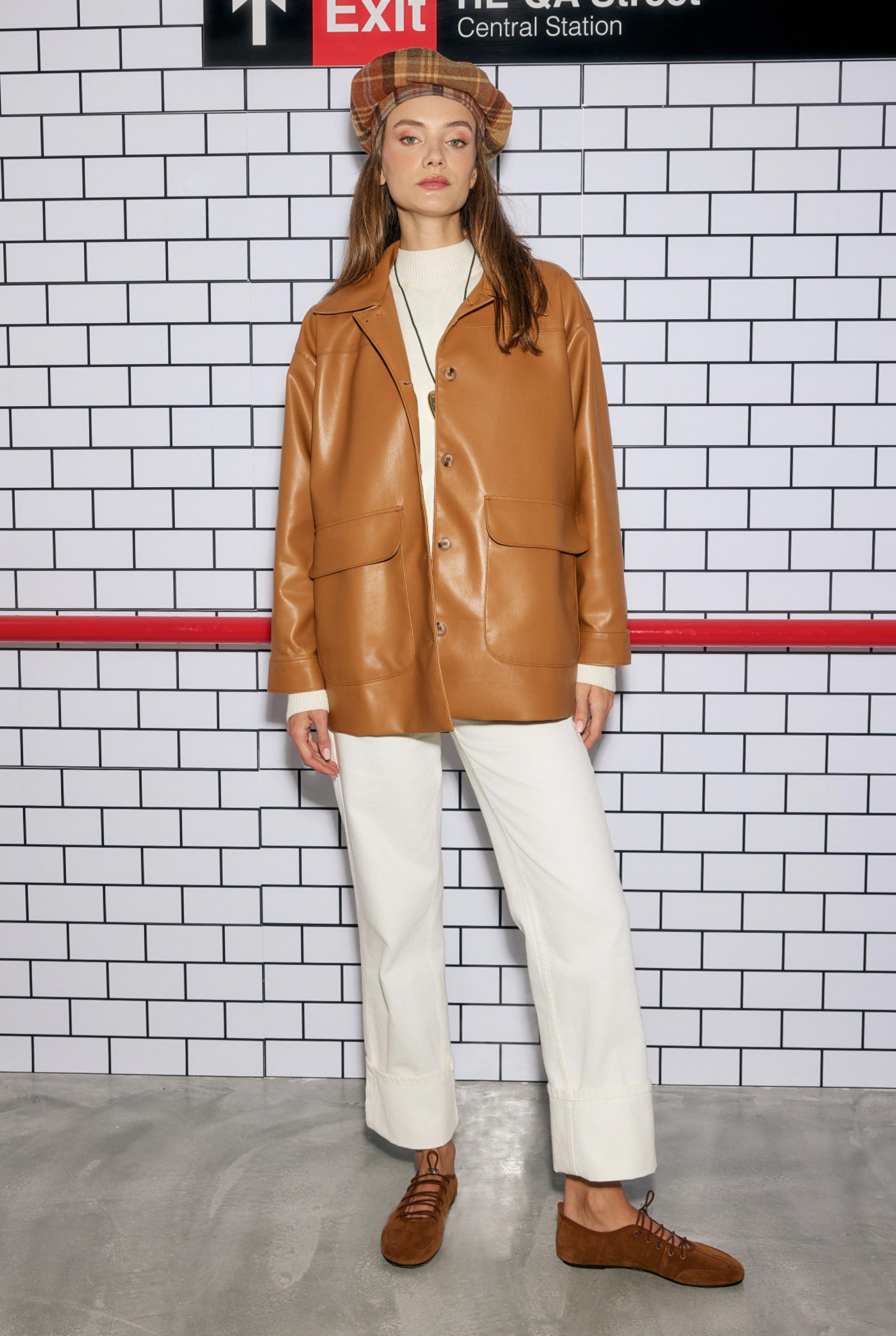 Sport Cut Leather Jacket Camel - 4