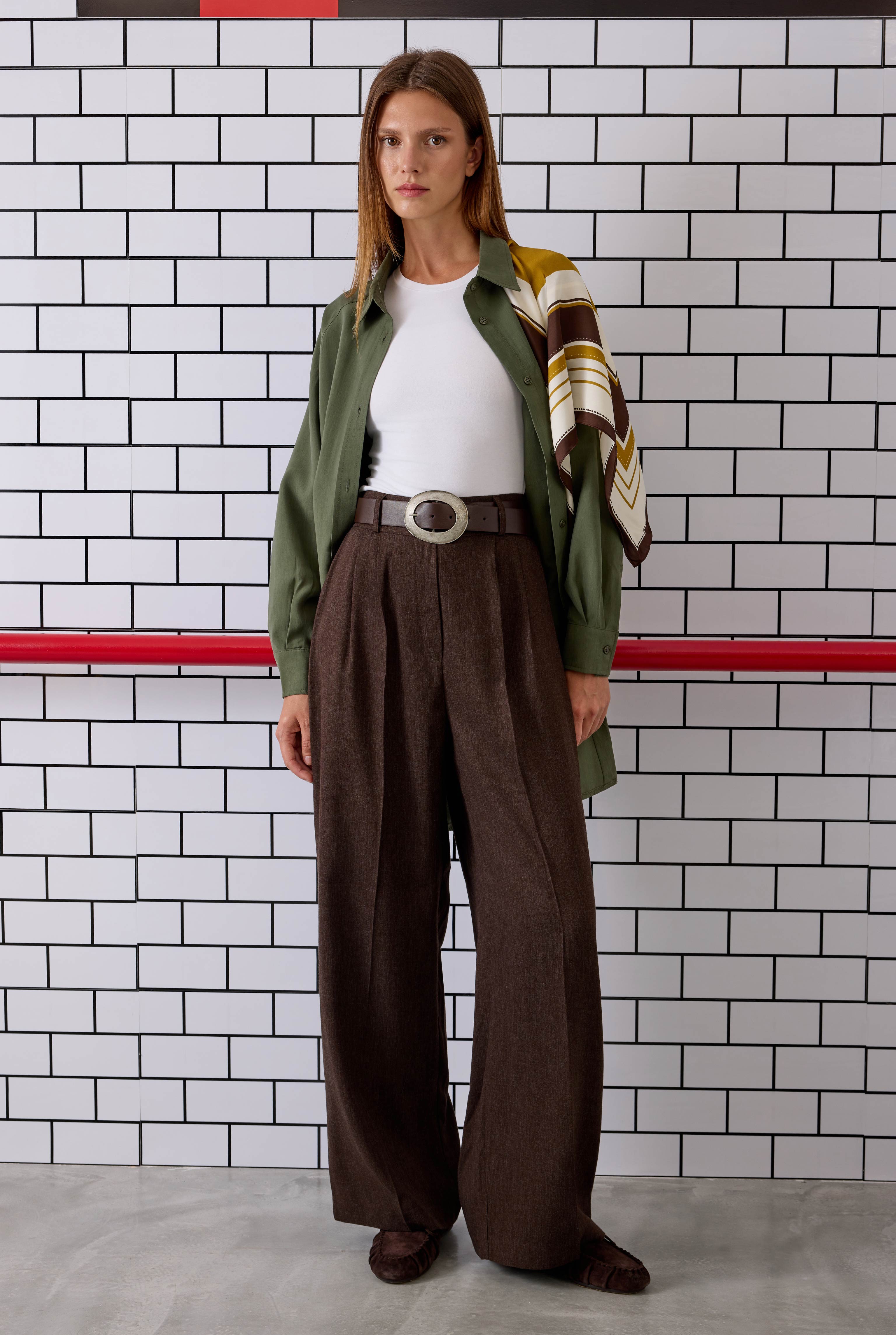 Pleated Detail Palazzo Trousers Dark Brown - 2