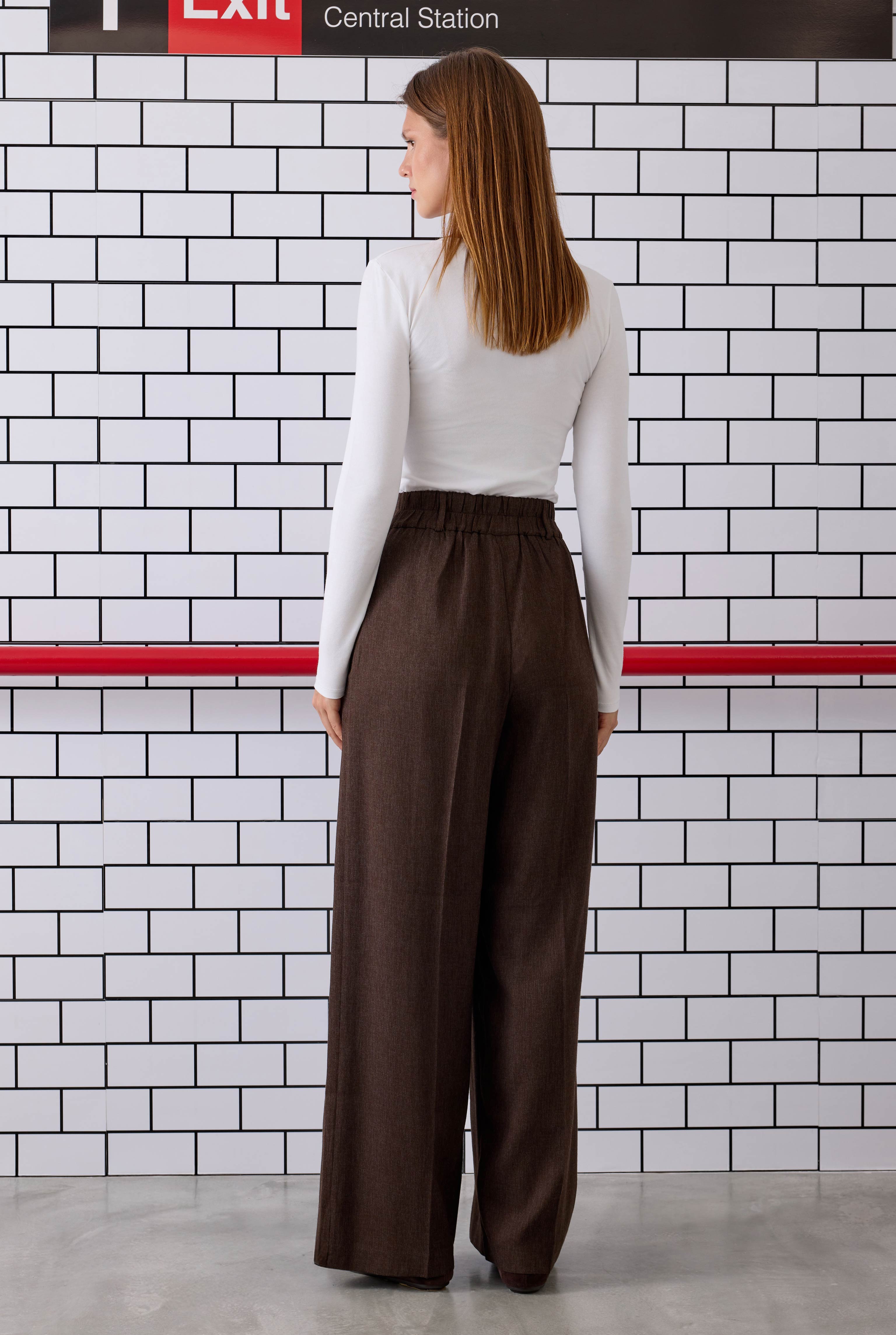 Pleated Detail Palazzo Trousers Dark Brown - 3