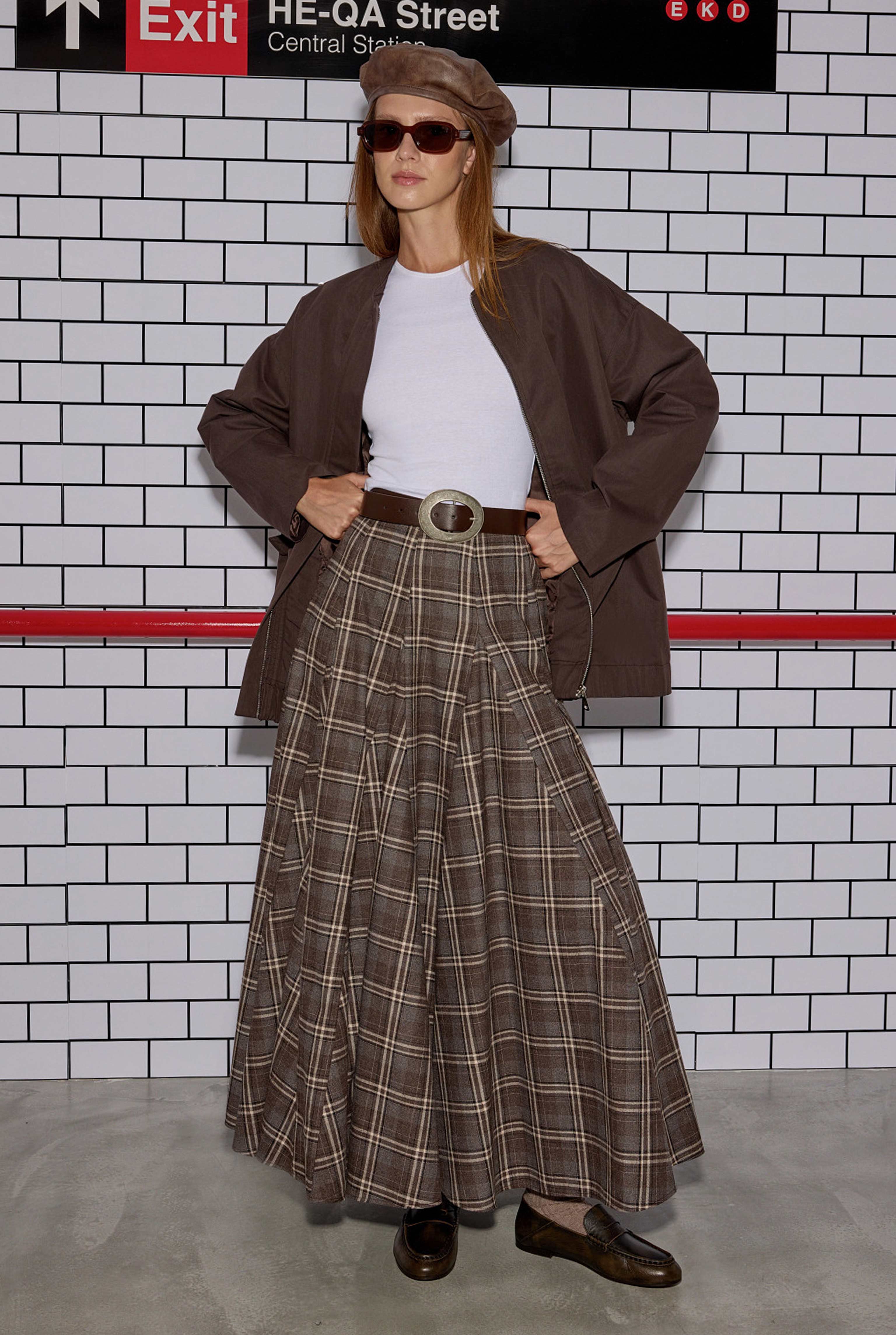 Ruffled Plaid Skirt Brown - HE-QA