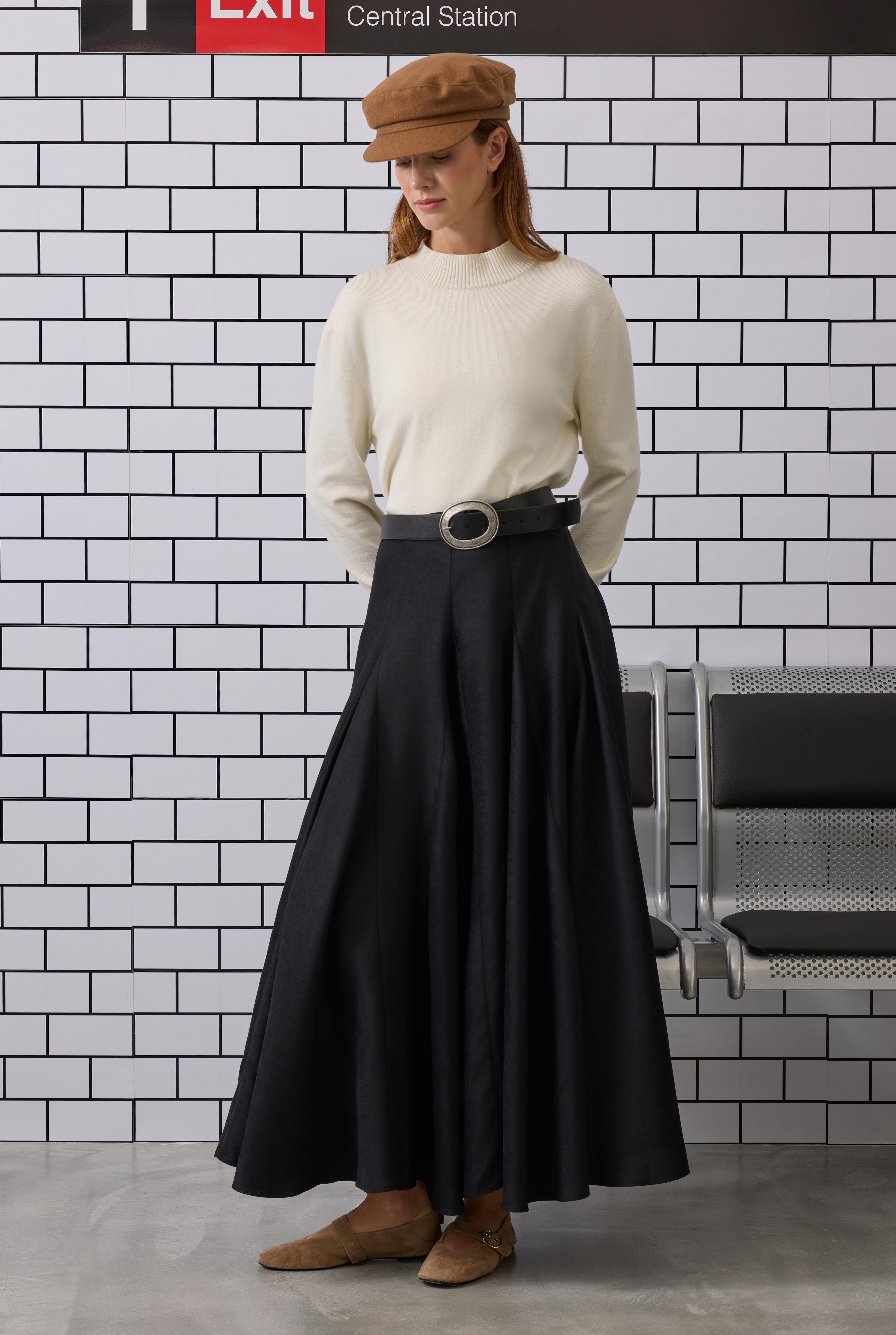 Ruffled Suede Skirt Black - 4