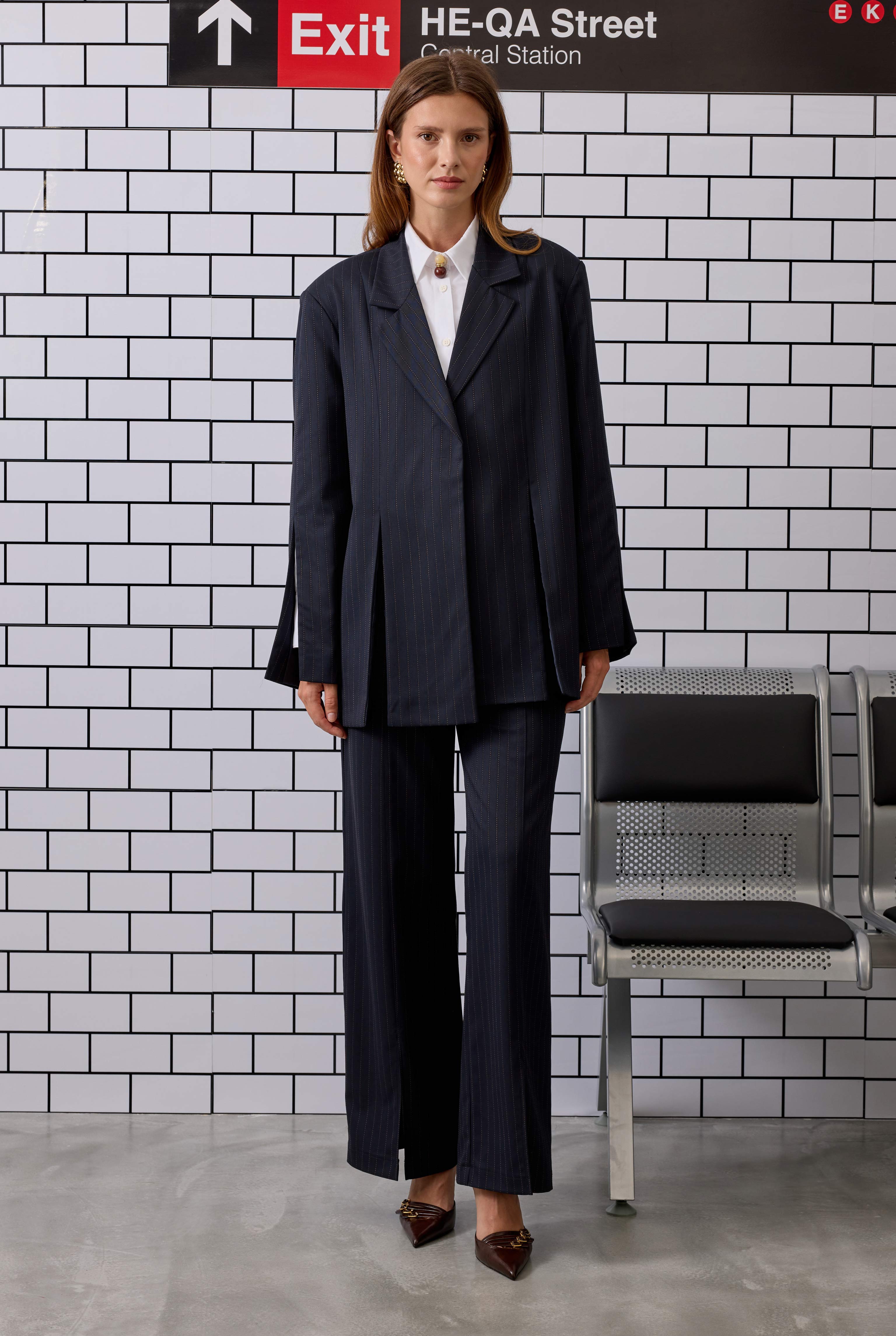 Slit Detailed Jacket Navy Blue - 5