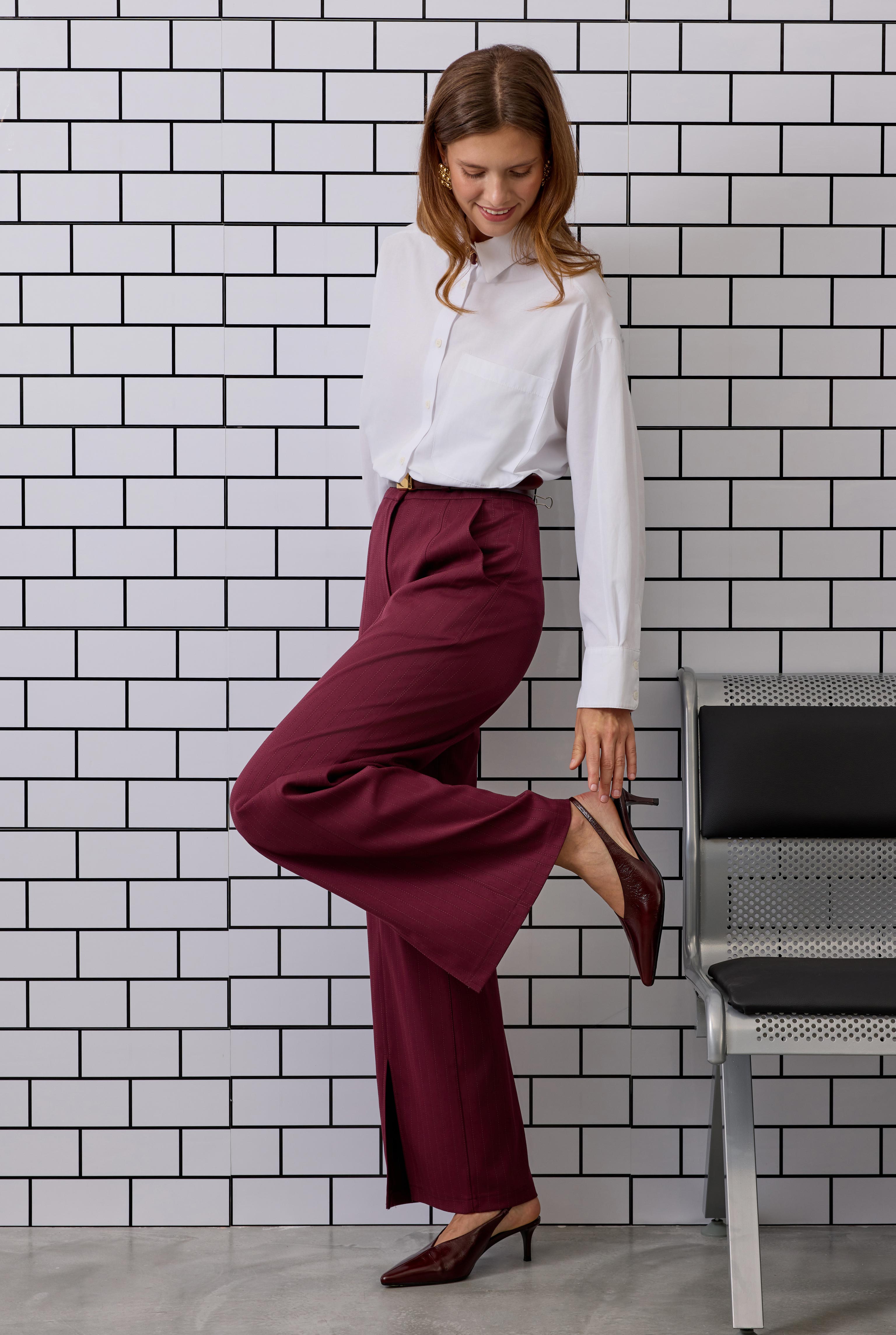 Yırtmaç Detaylı Pantolon Bordo - 2