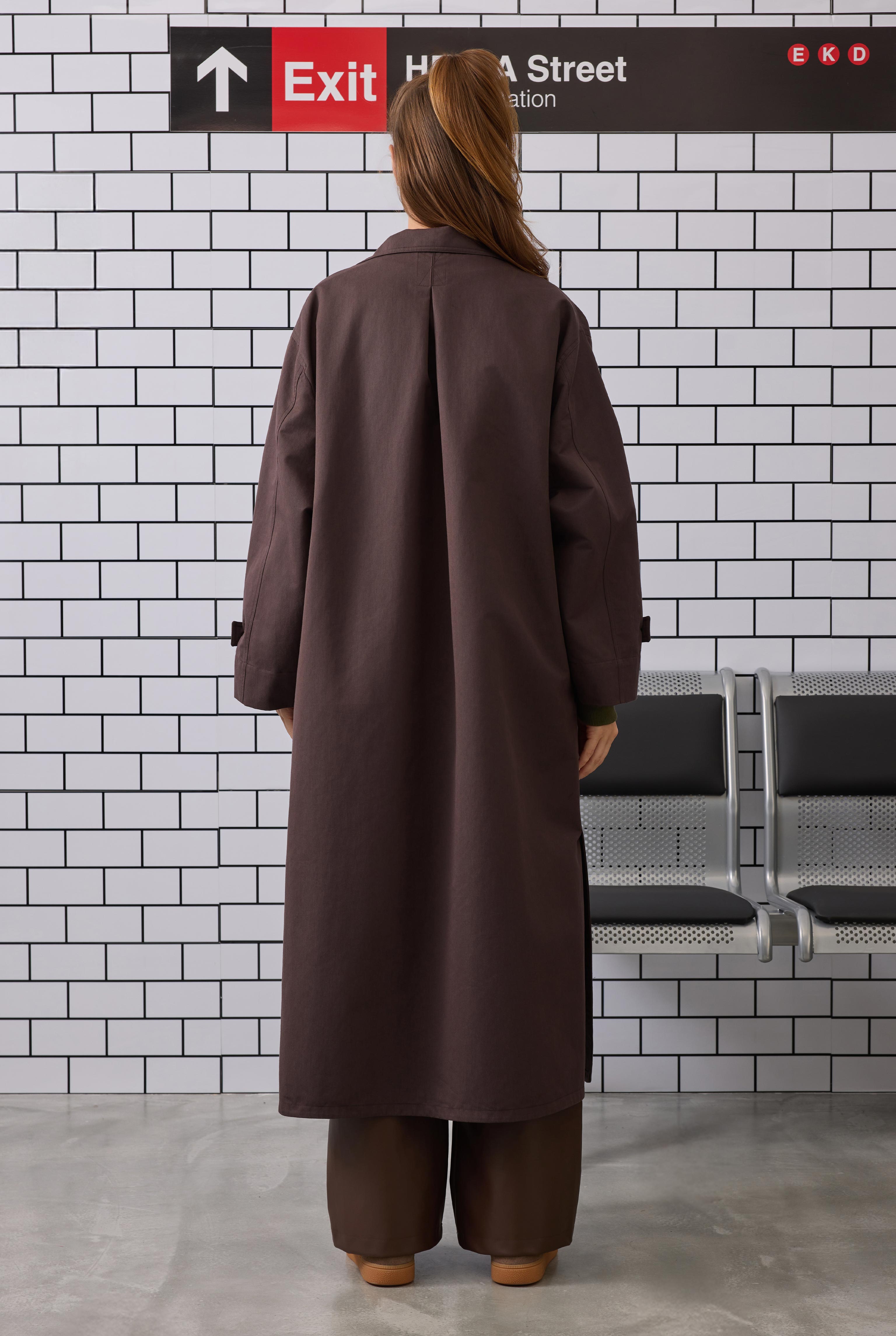 Funnel Neck Long Trenchcoat Dark Brown - 4