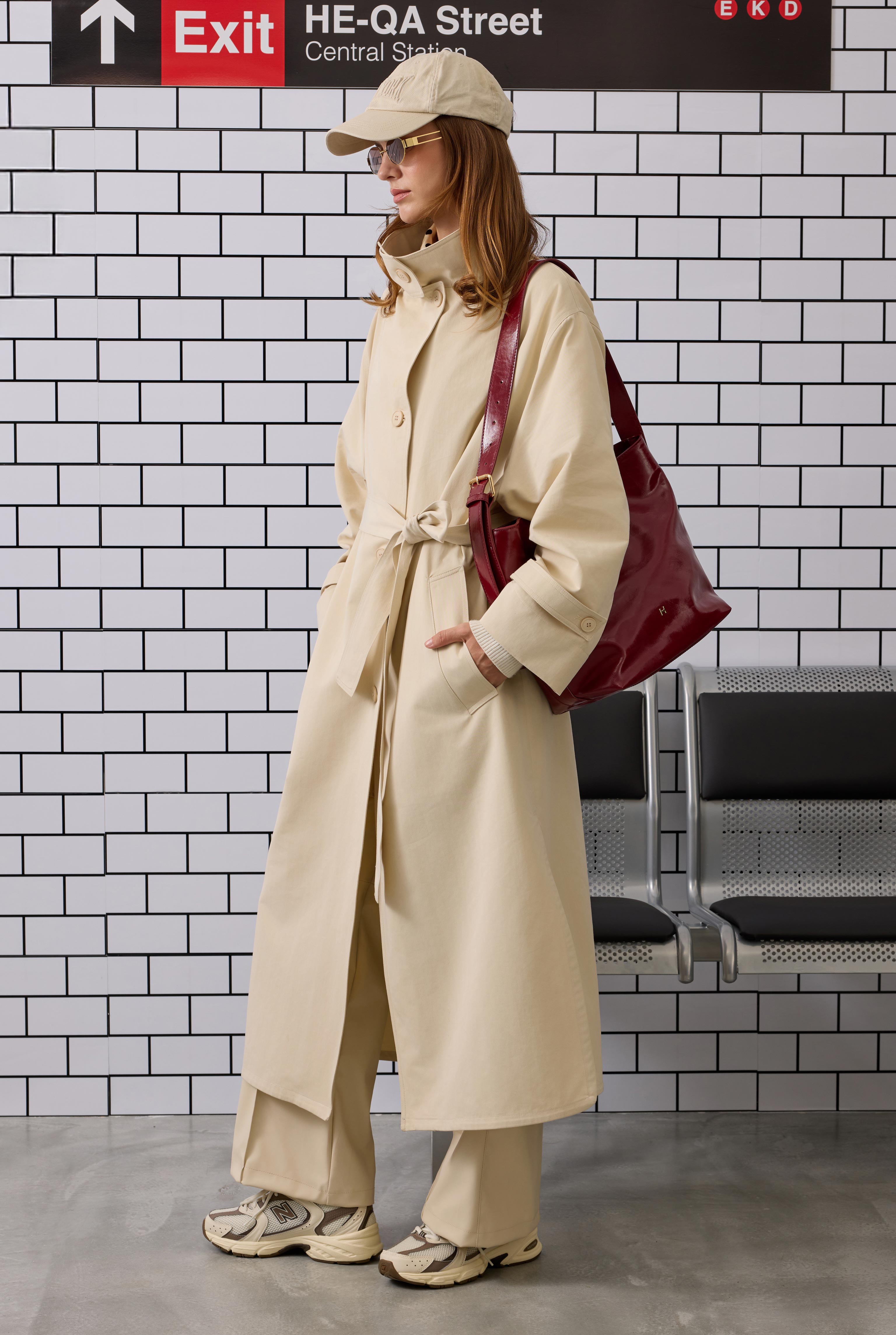 Funnel Neck Long Trenchcoat Cream - HE-QA