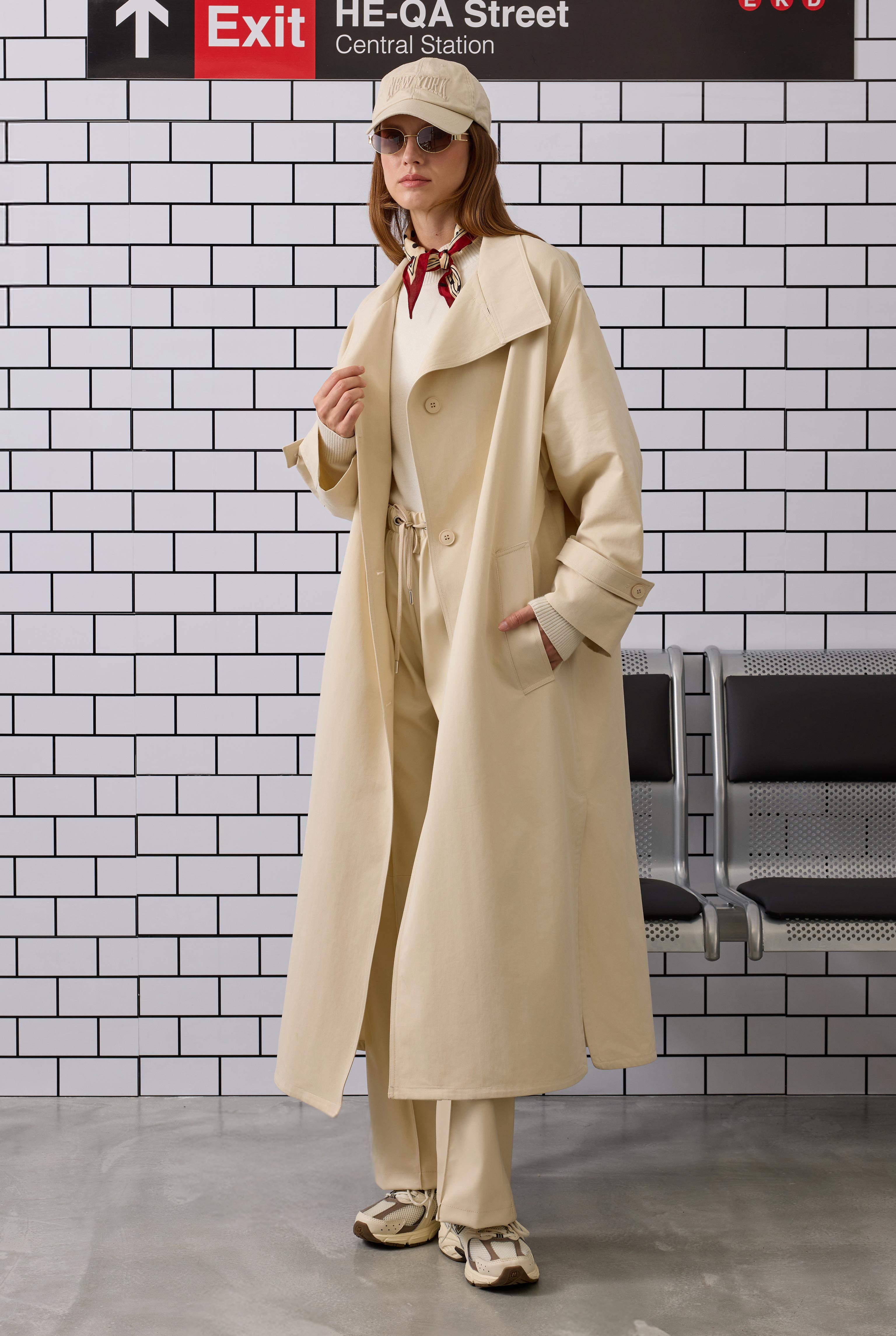 Funnel Neck Long Trenchcoat Cream - 2