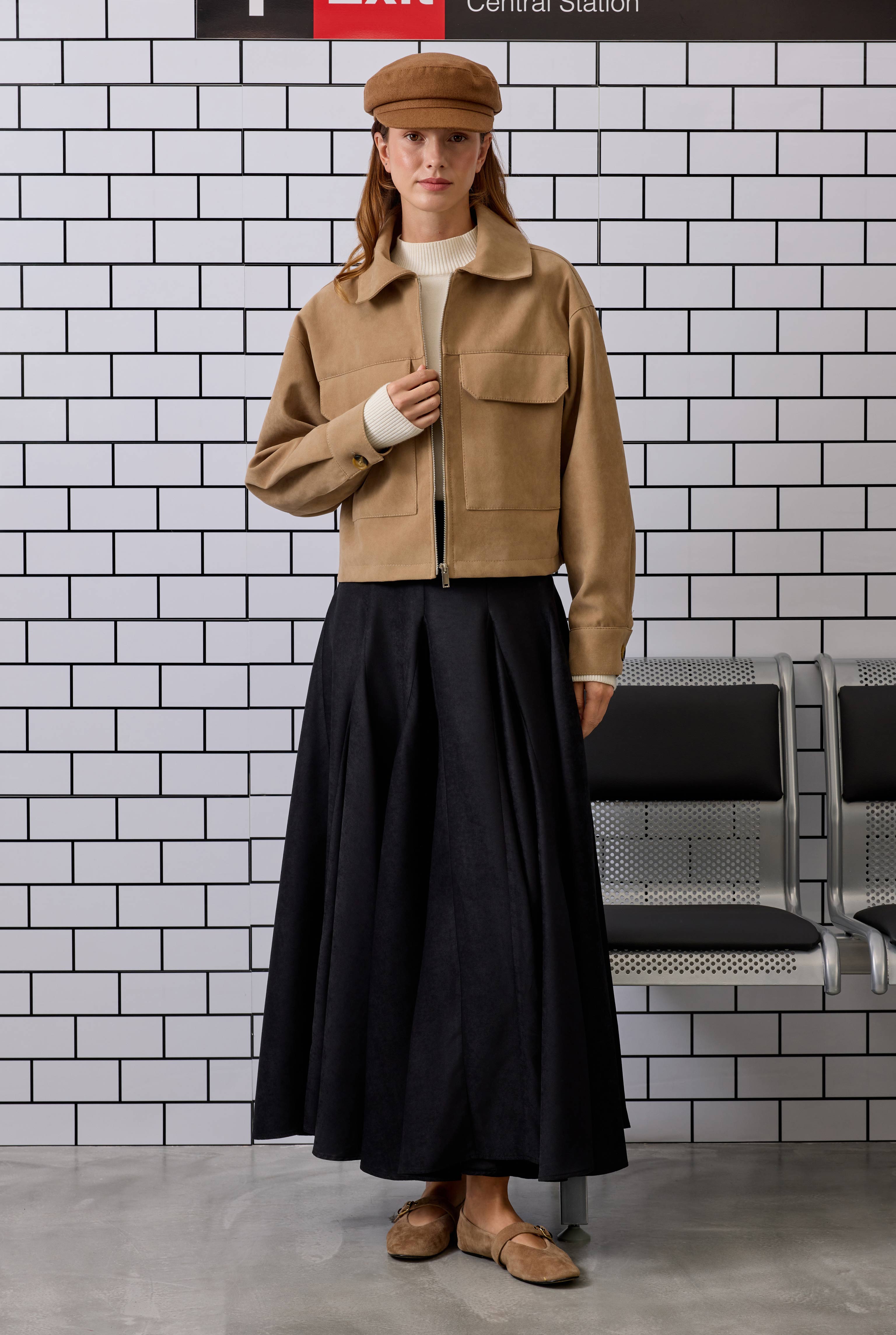 Ruffled Suede Skirt Black - 1