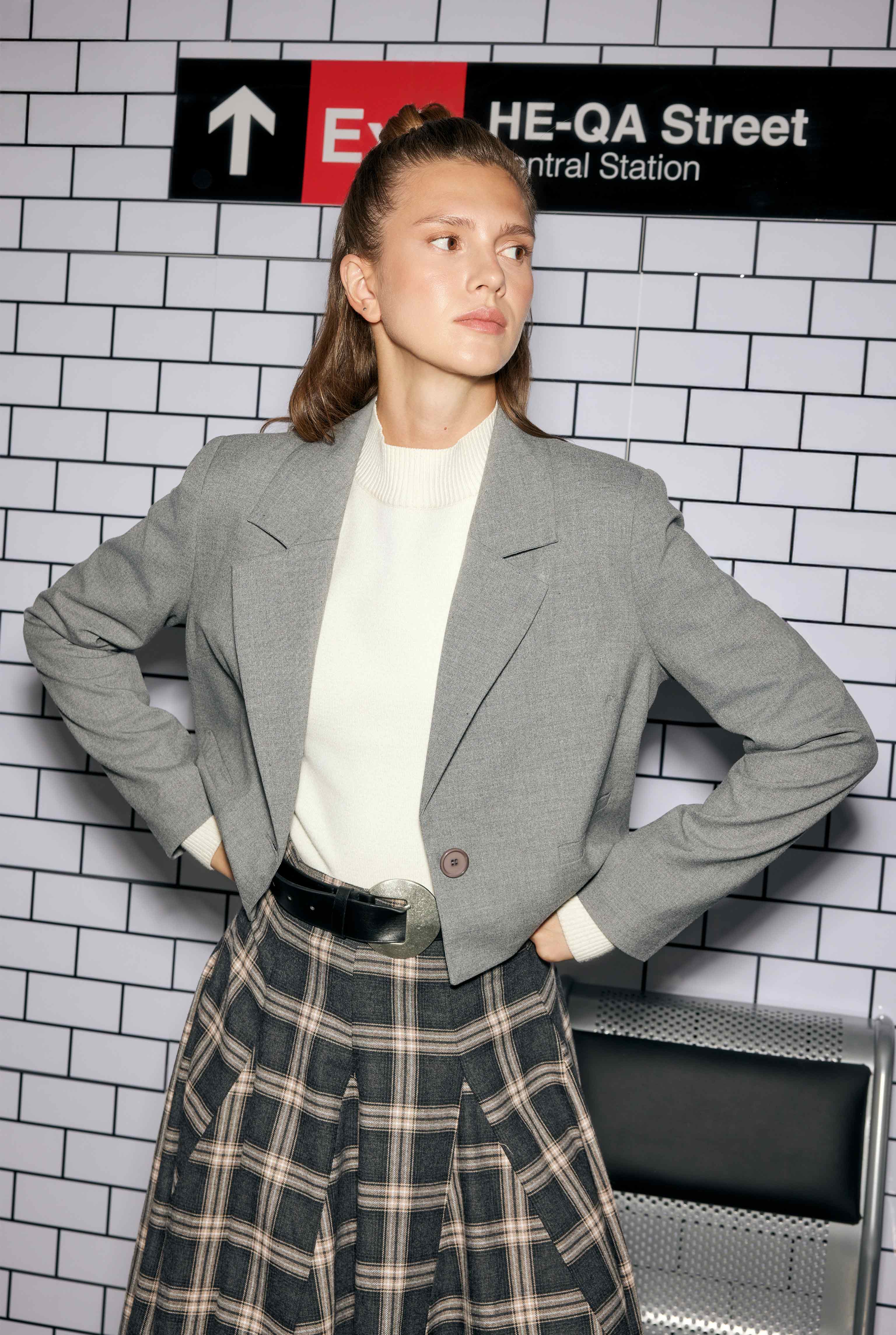 Crop Blazer Ceket Duman - HE-QA