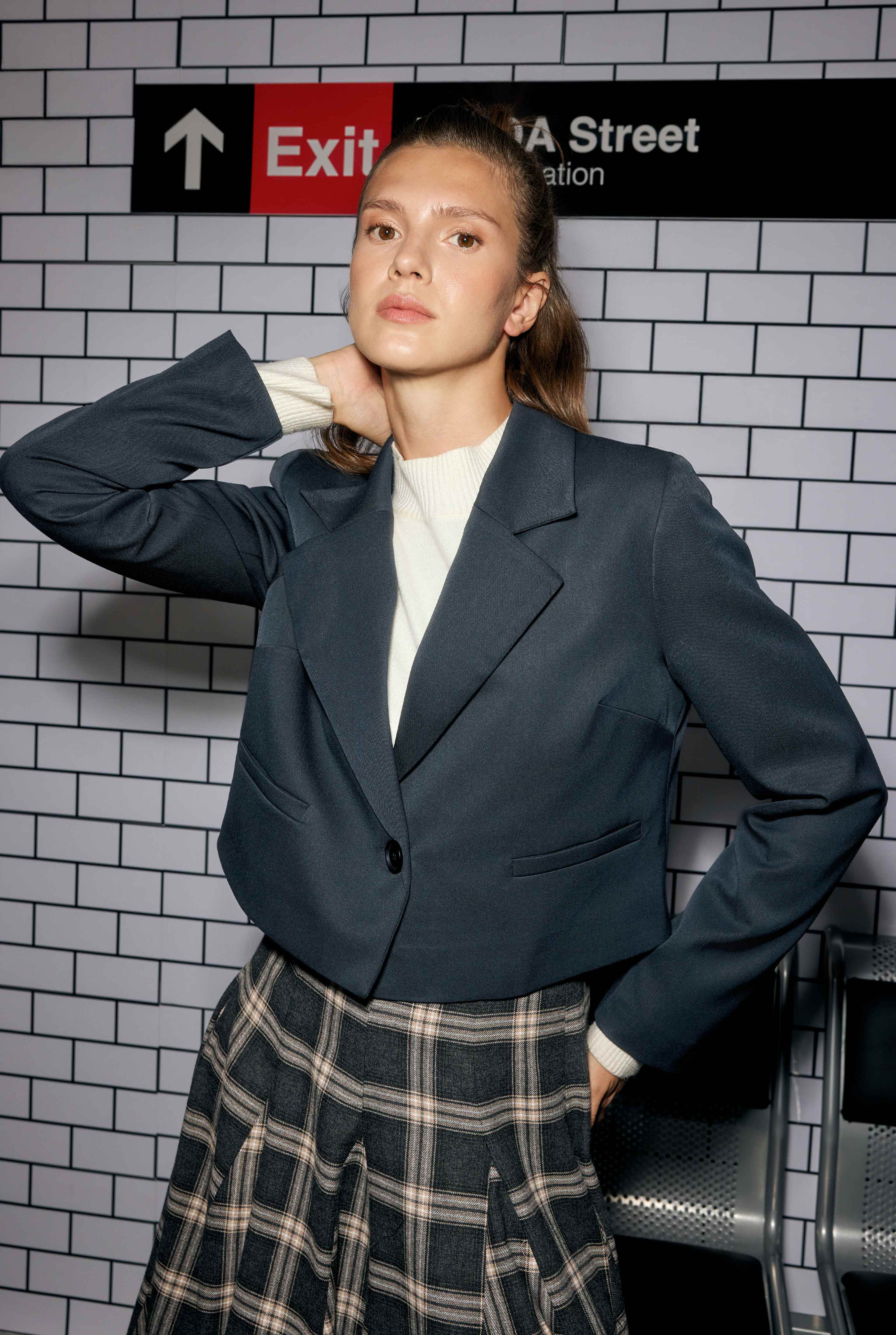 Crop Blazer Ceket Koyu Lacivert - HE-QA