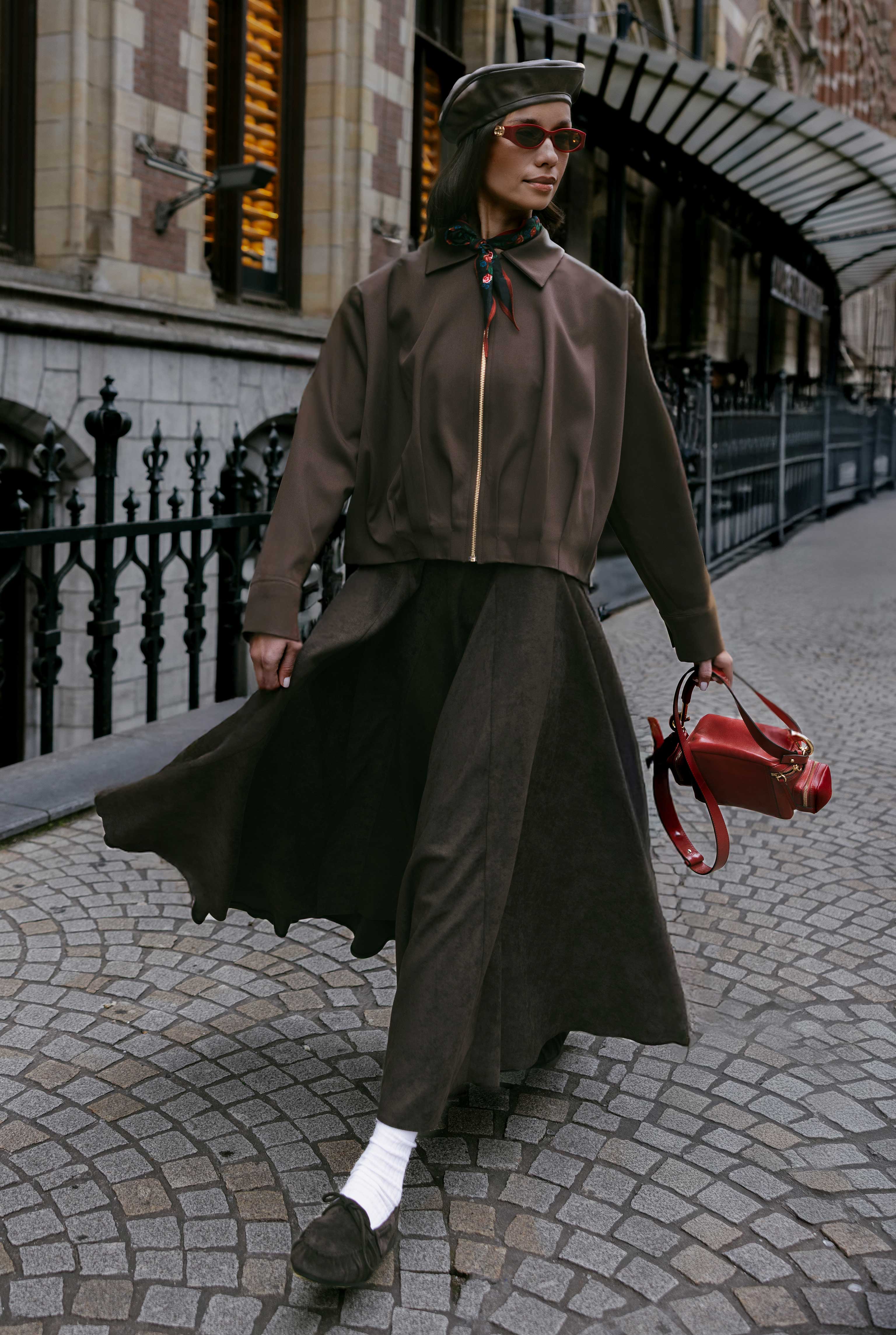 Ruffled Suede Skirt Dark Brown - HE-QA