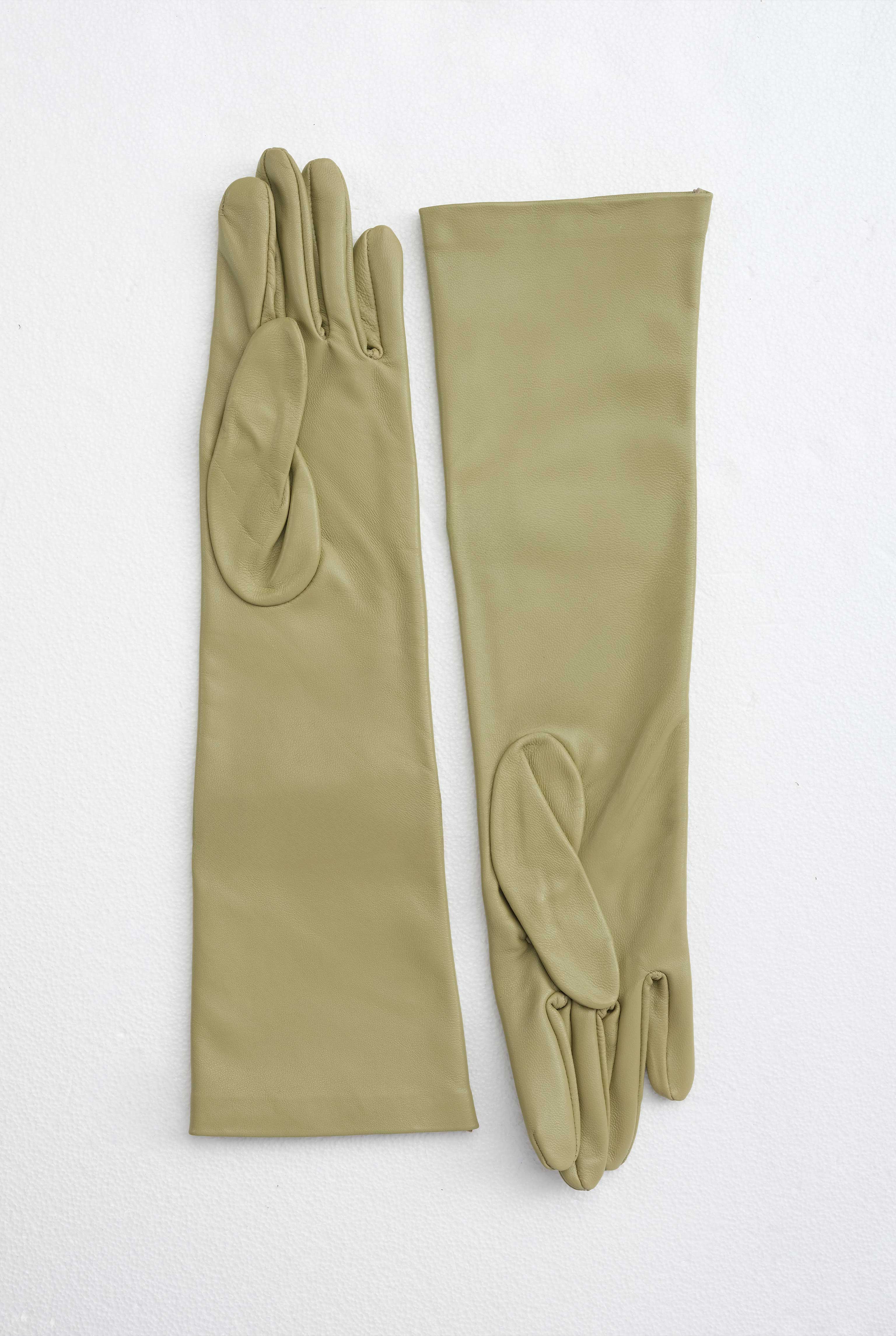 100% Leather Long Gloves Light Sage Green - 2
