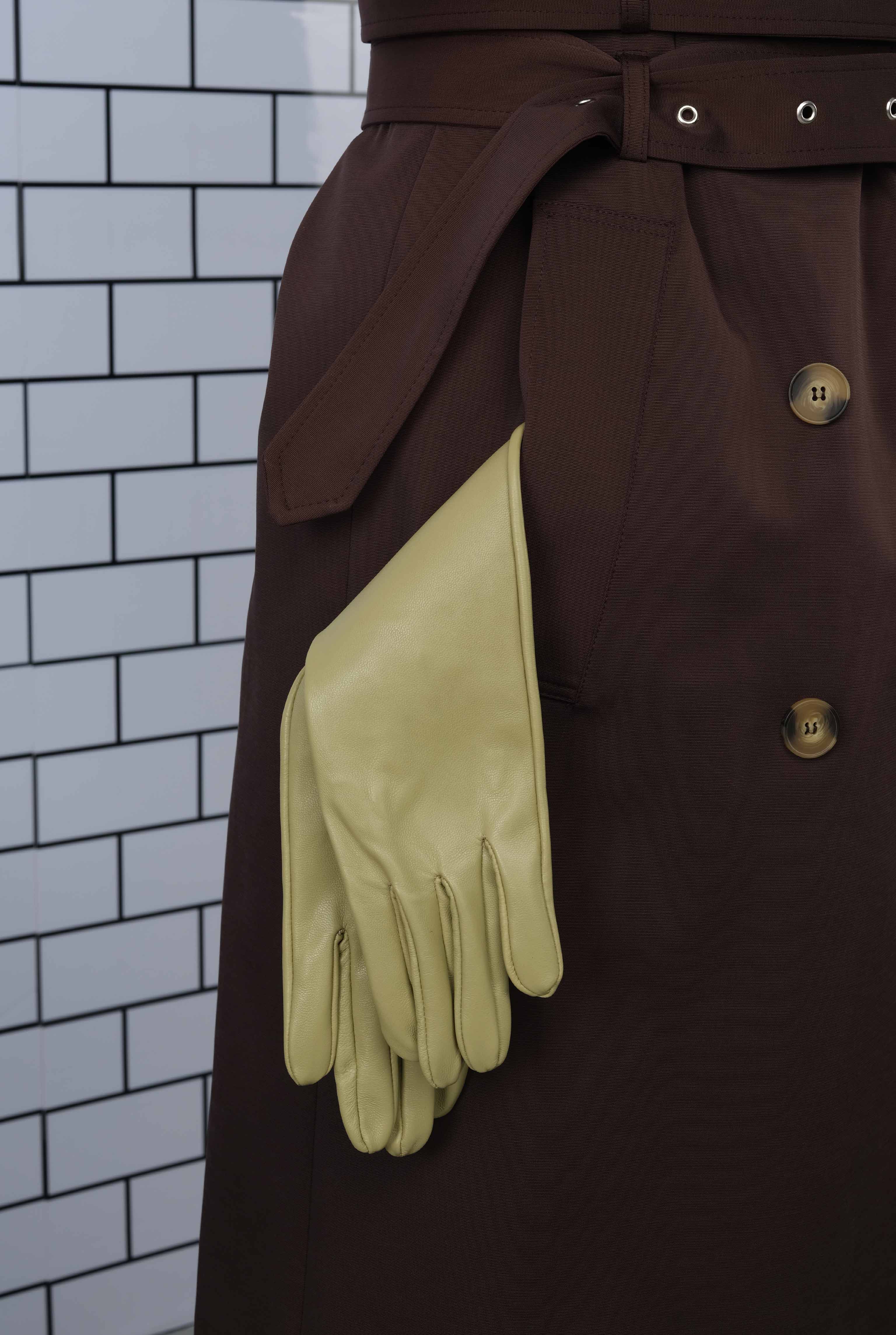 100% Leather Long Gloves Light Sage Green - 1
