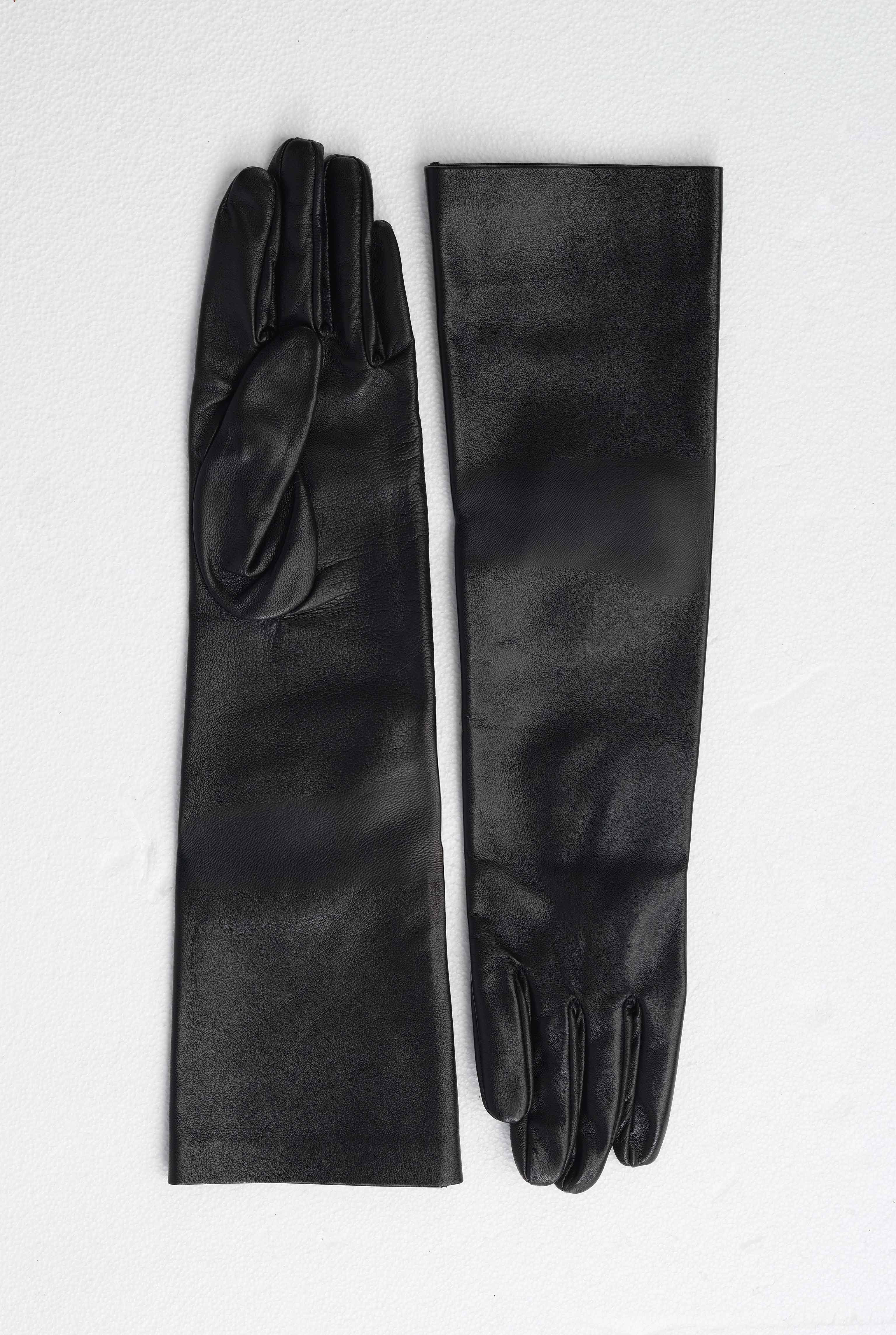 100% Leather Long Gloves Black - 5