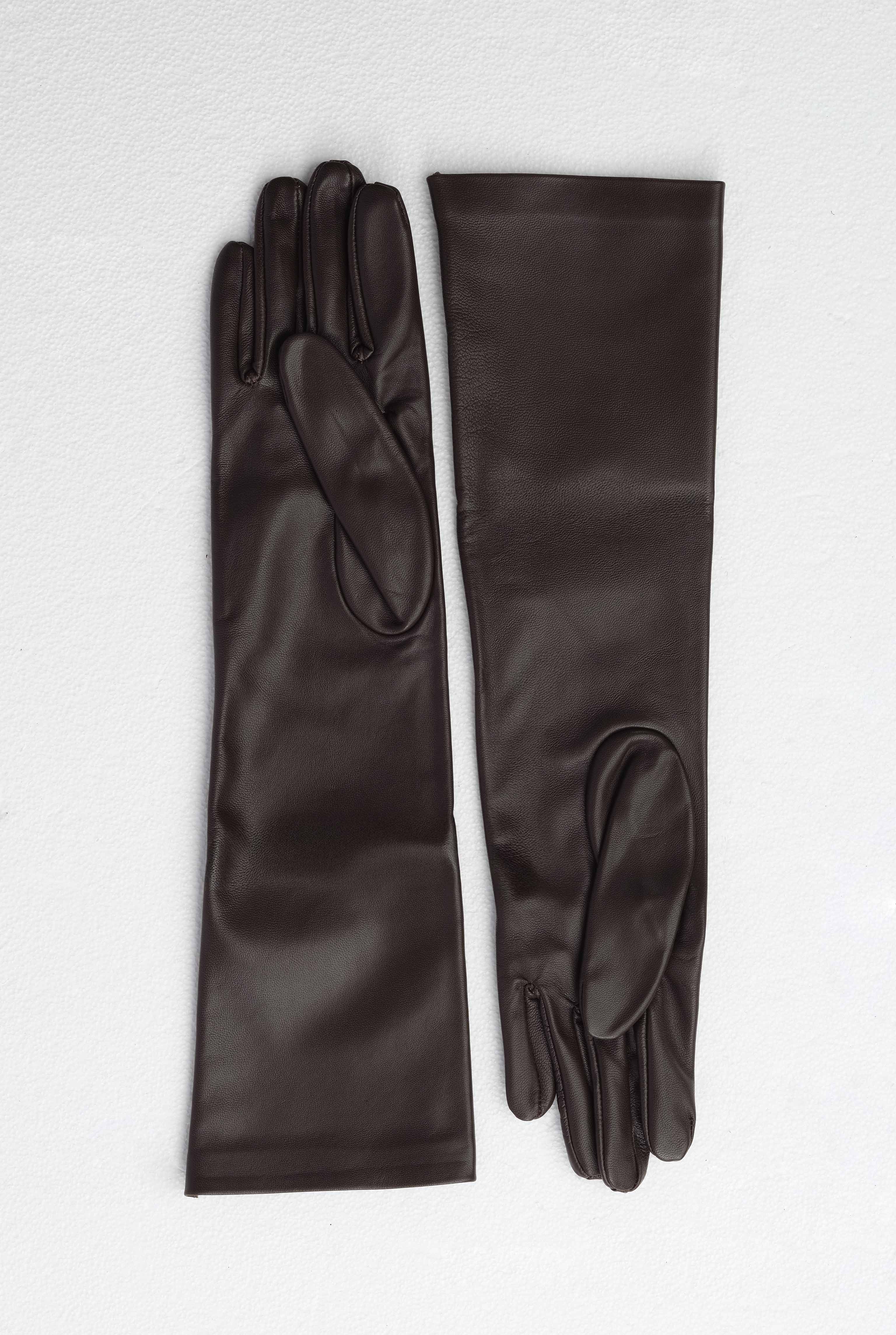 100% Leather Long Gloves Dark Brown - 7