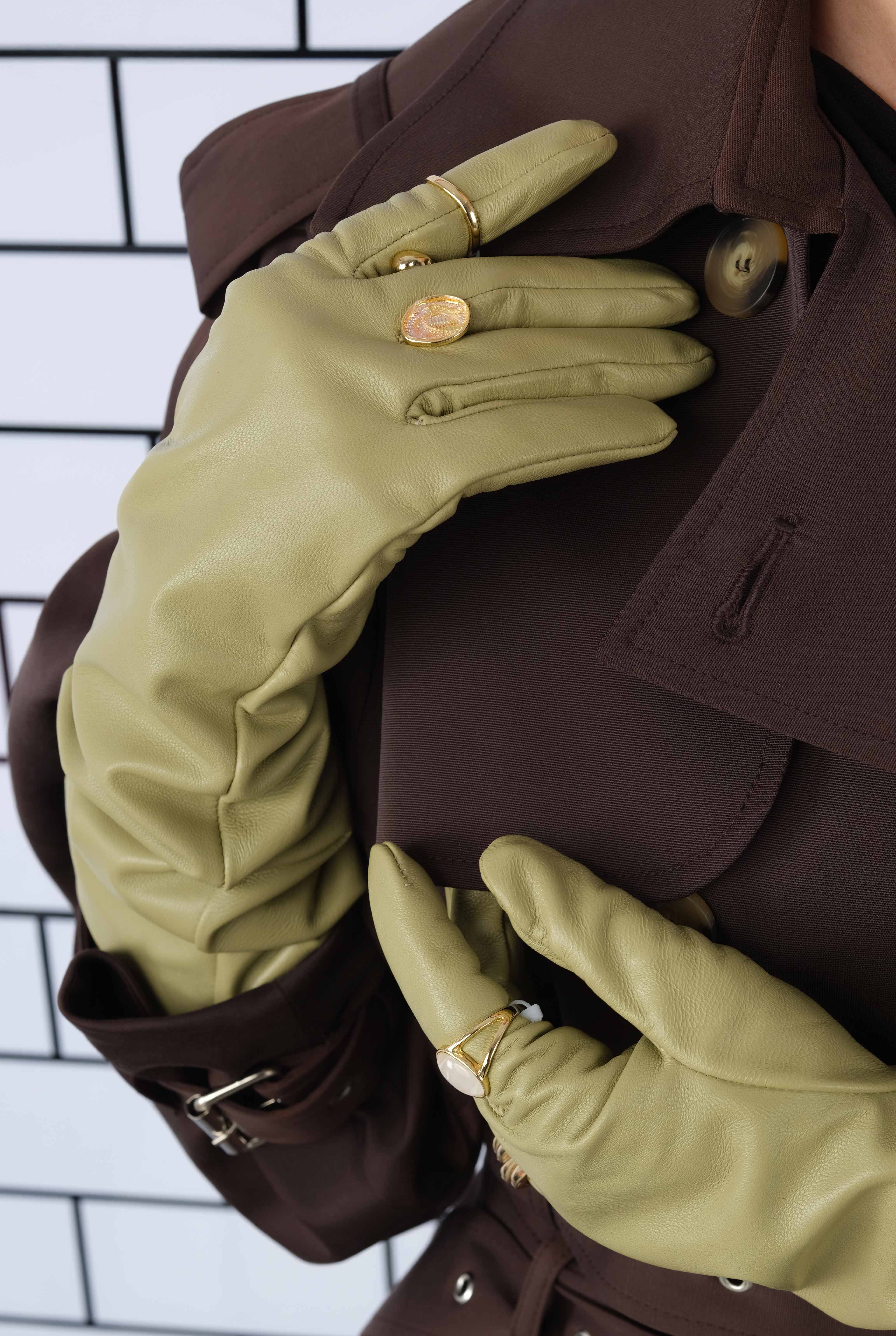 100% Leather Long Gloves Light Sage Green - 3