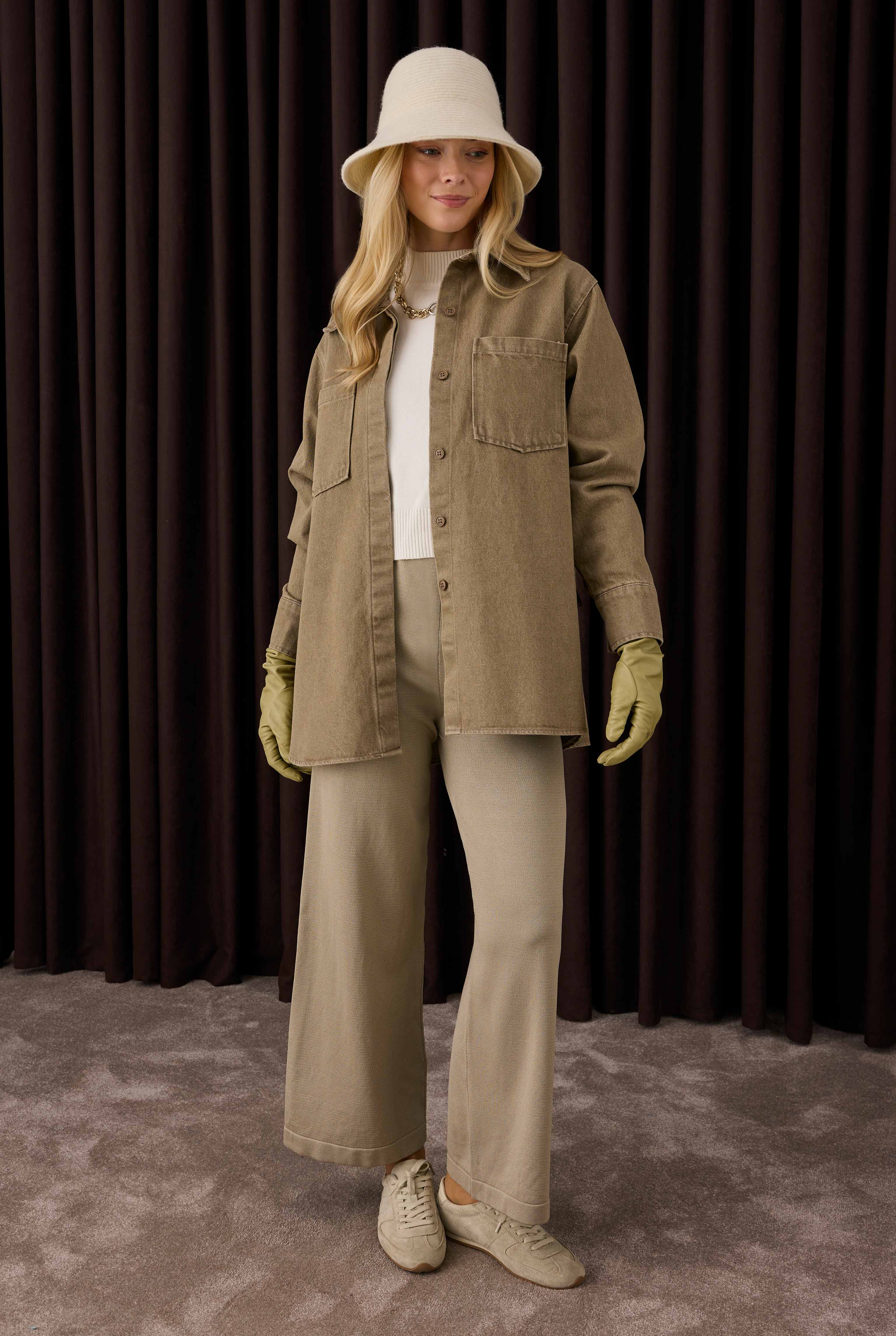 Belted Denim Shirt Beige - 7