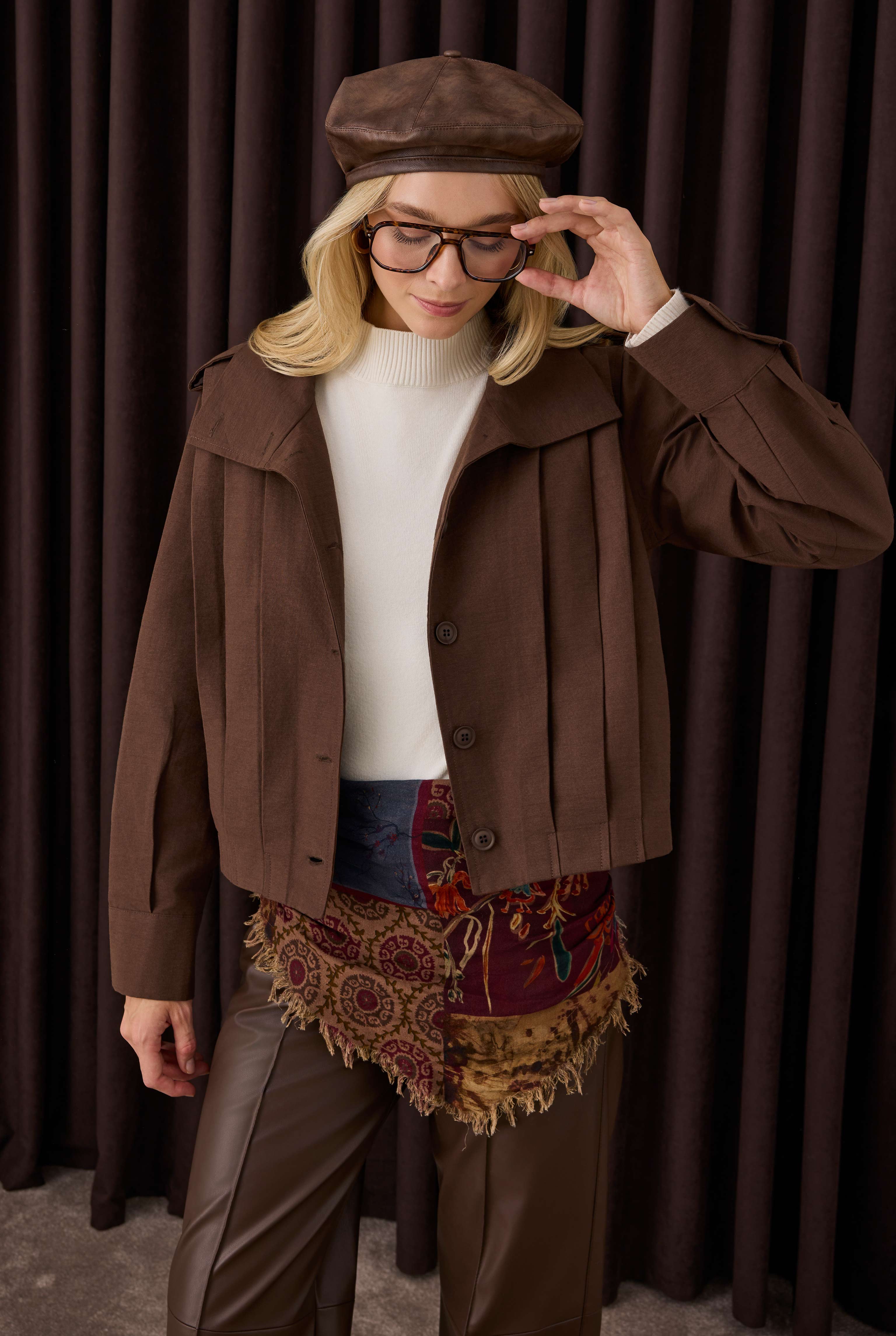 Pleated Short Jacket Dark Brown - 2