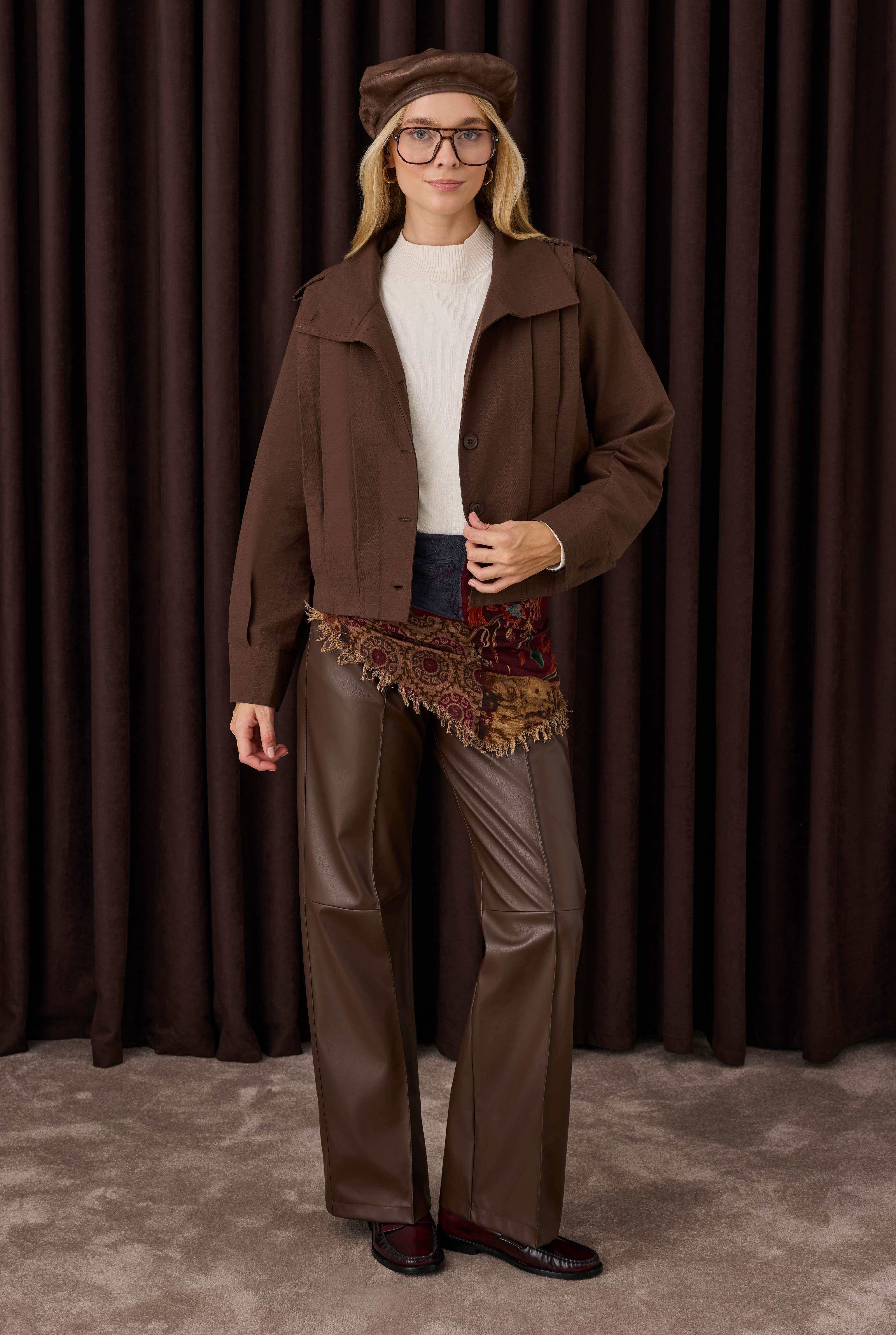 Pleated Short Jacket Dark Brown - 3
