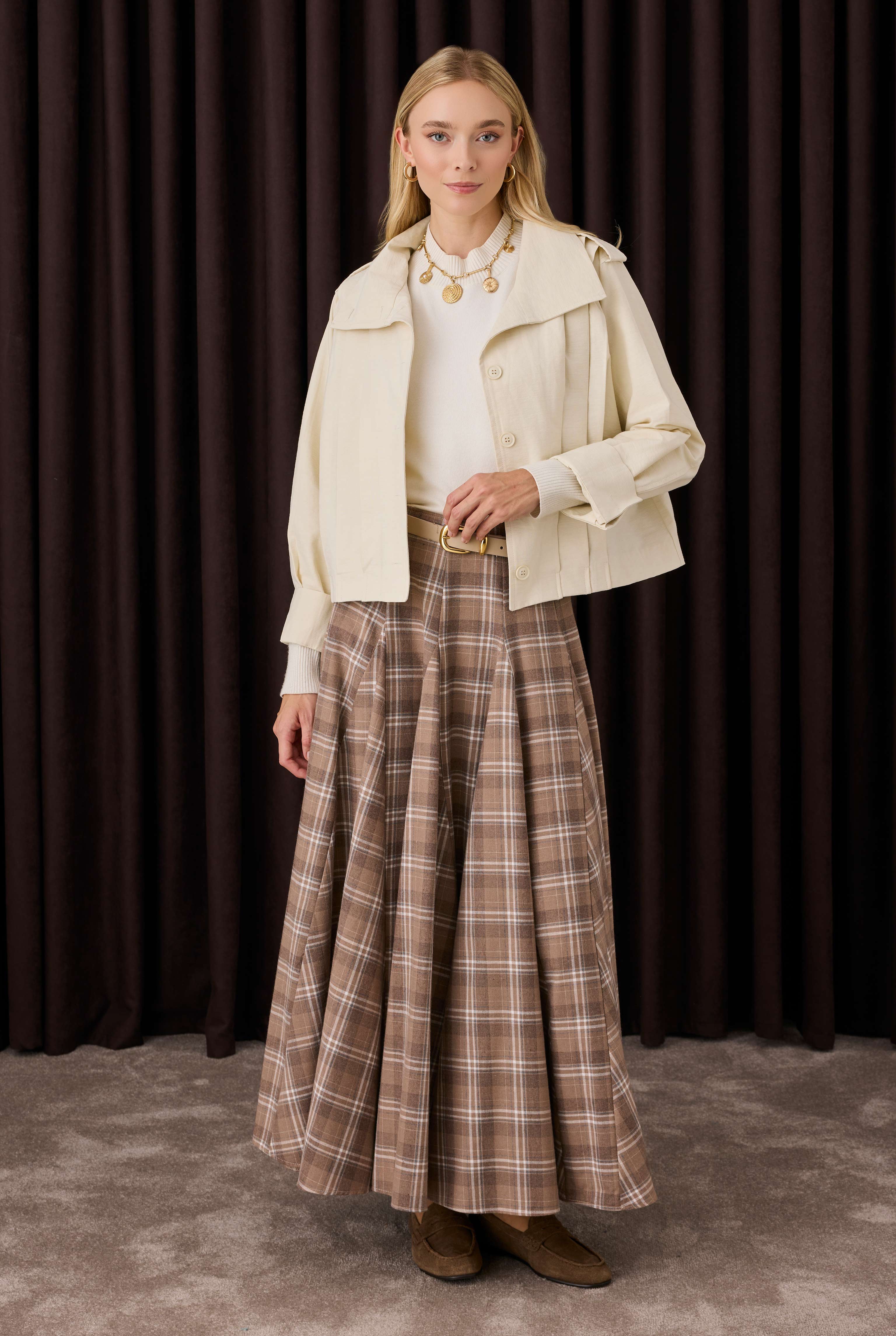 Ruffled Plaid Skirt Beige - 7