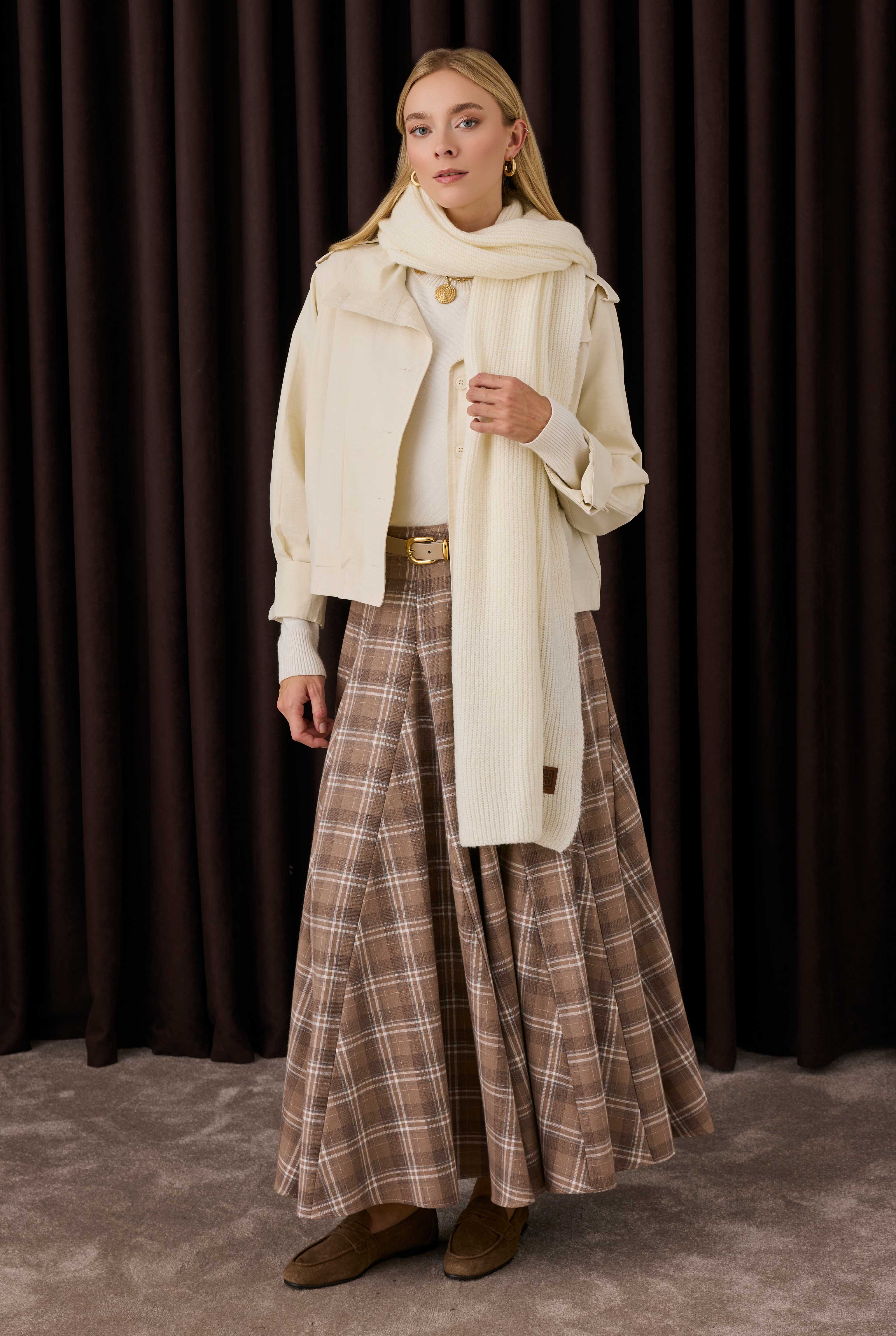 Ruffled Plaid Skirt Beige - 8