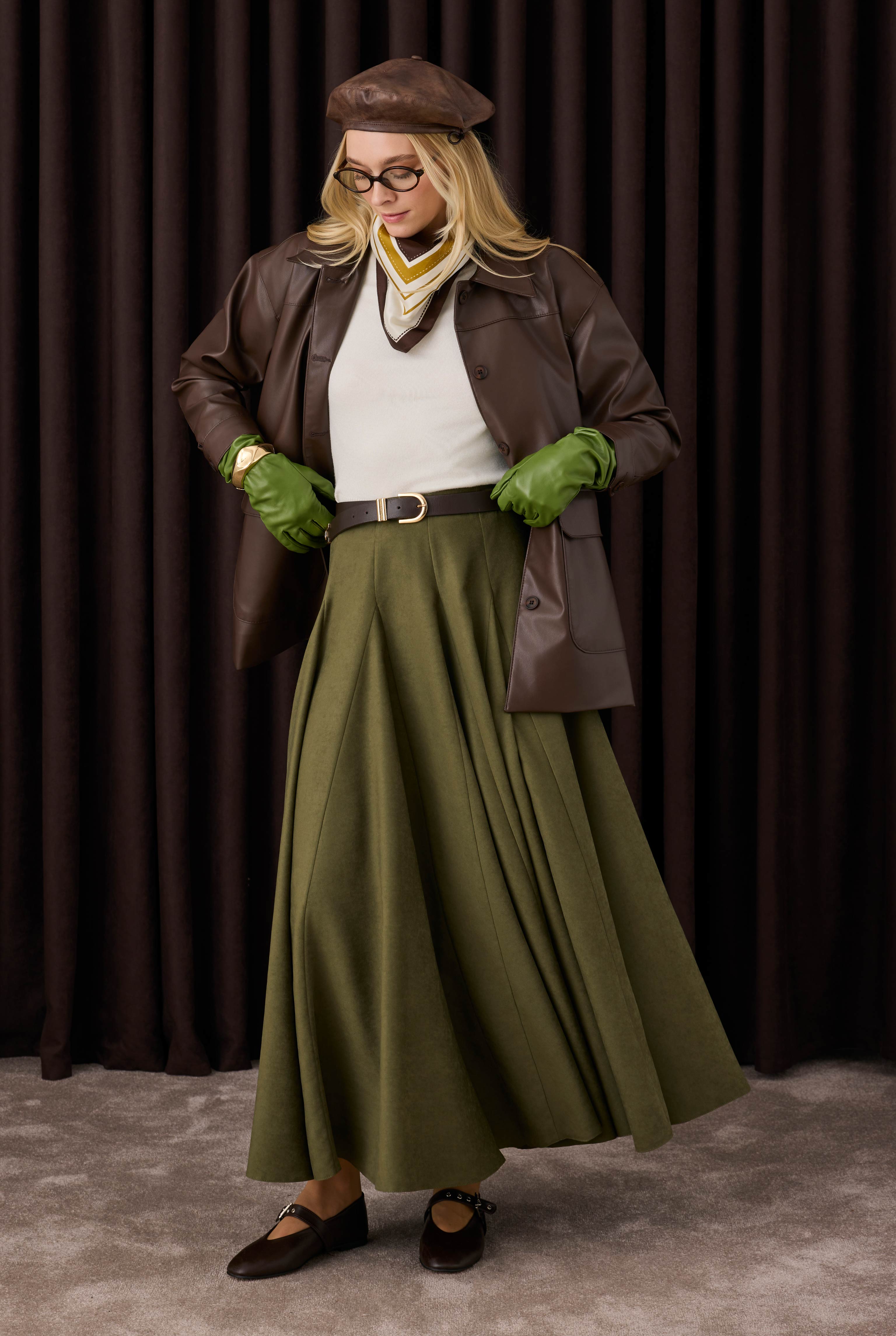Ruffled Suede Skirt Moss Green - 2