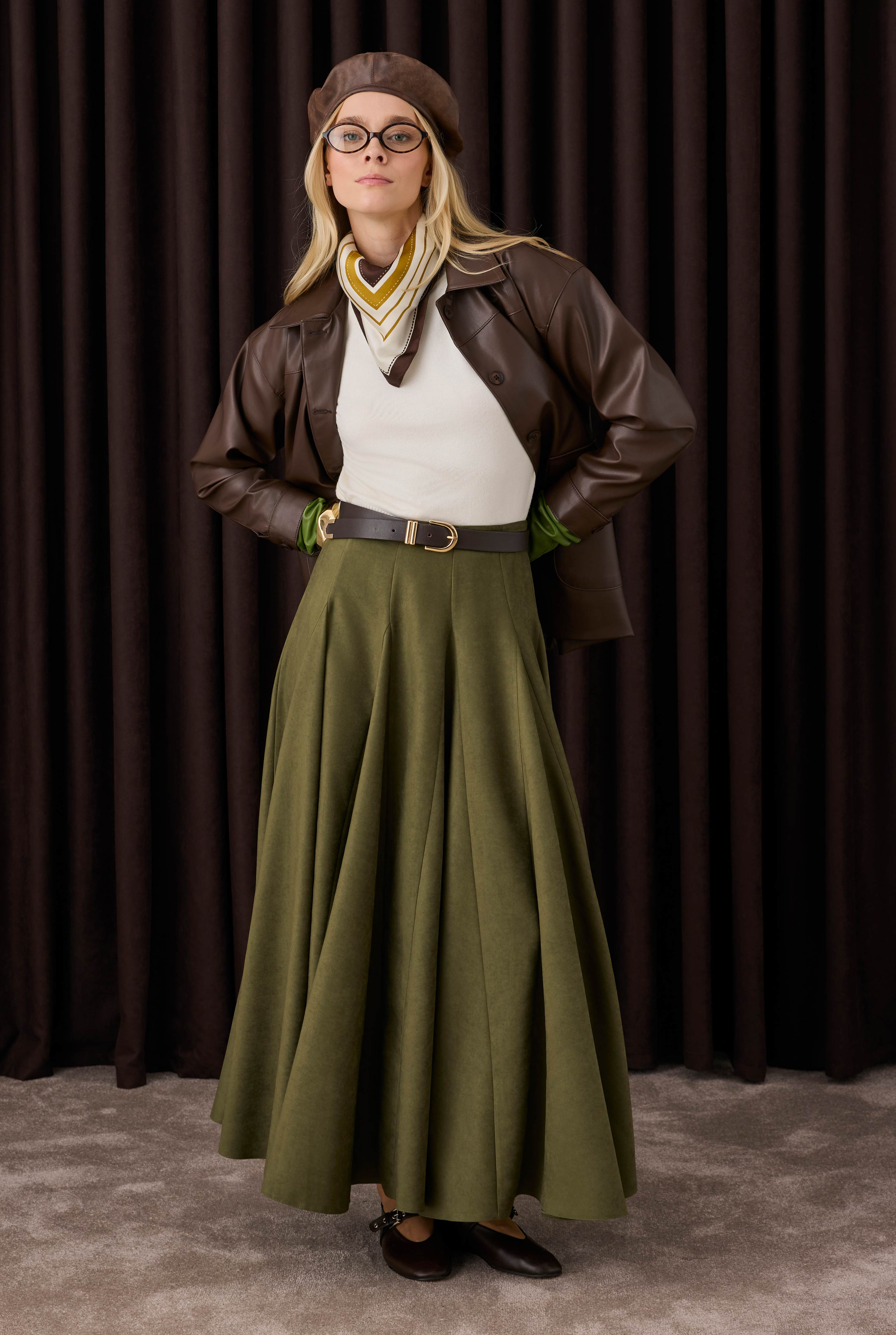 Ruffled Suede Skirt Moss Green - 1