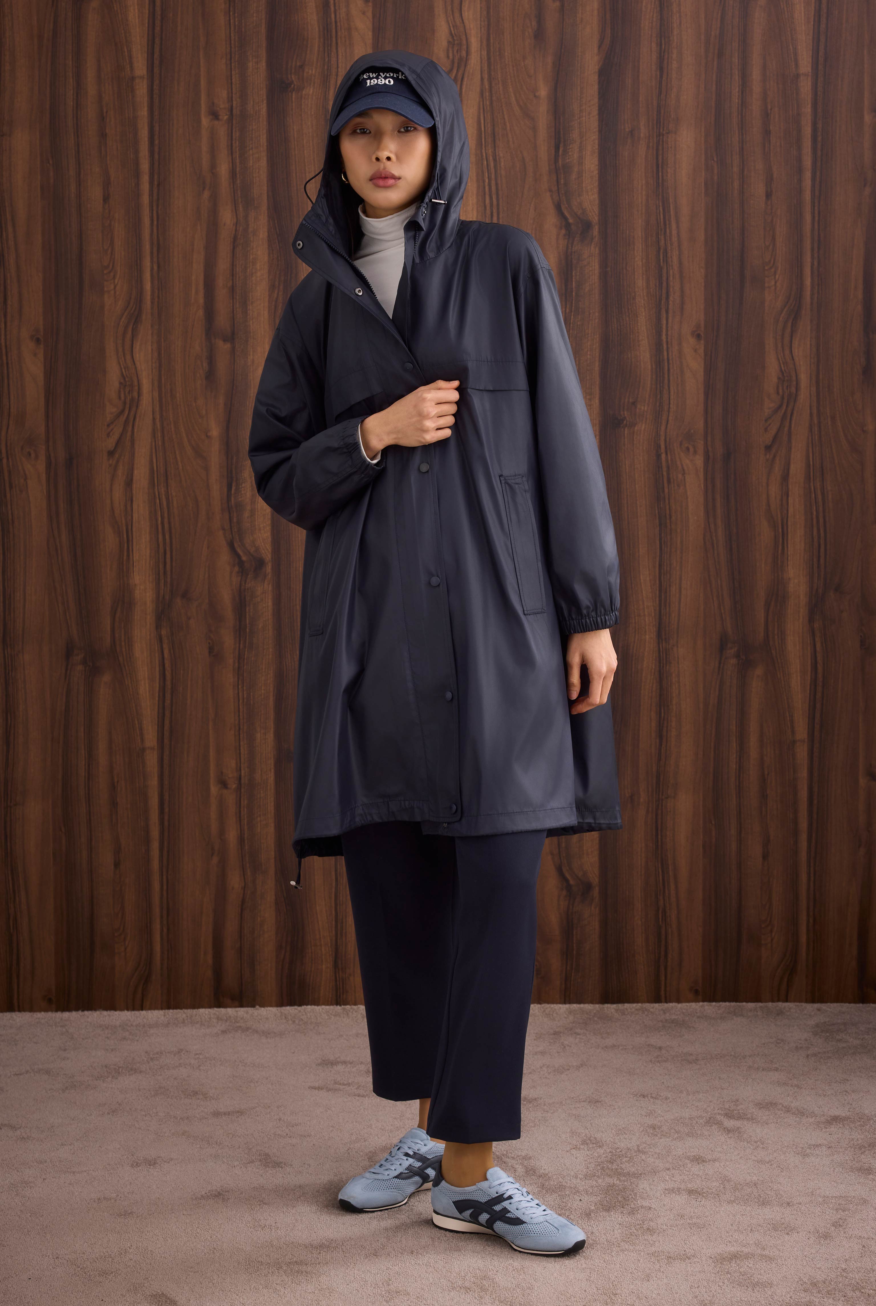 Strap Detailed Raincoat Navy Blue - 3
