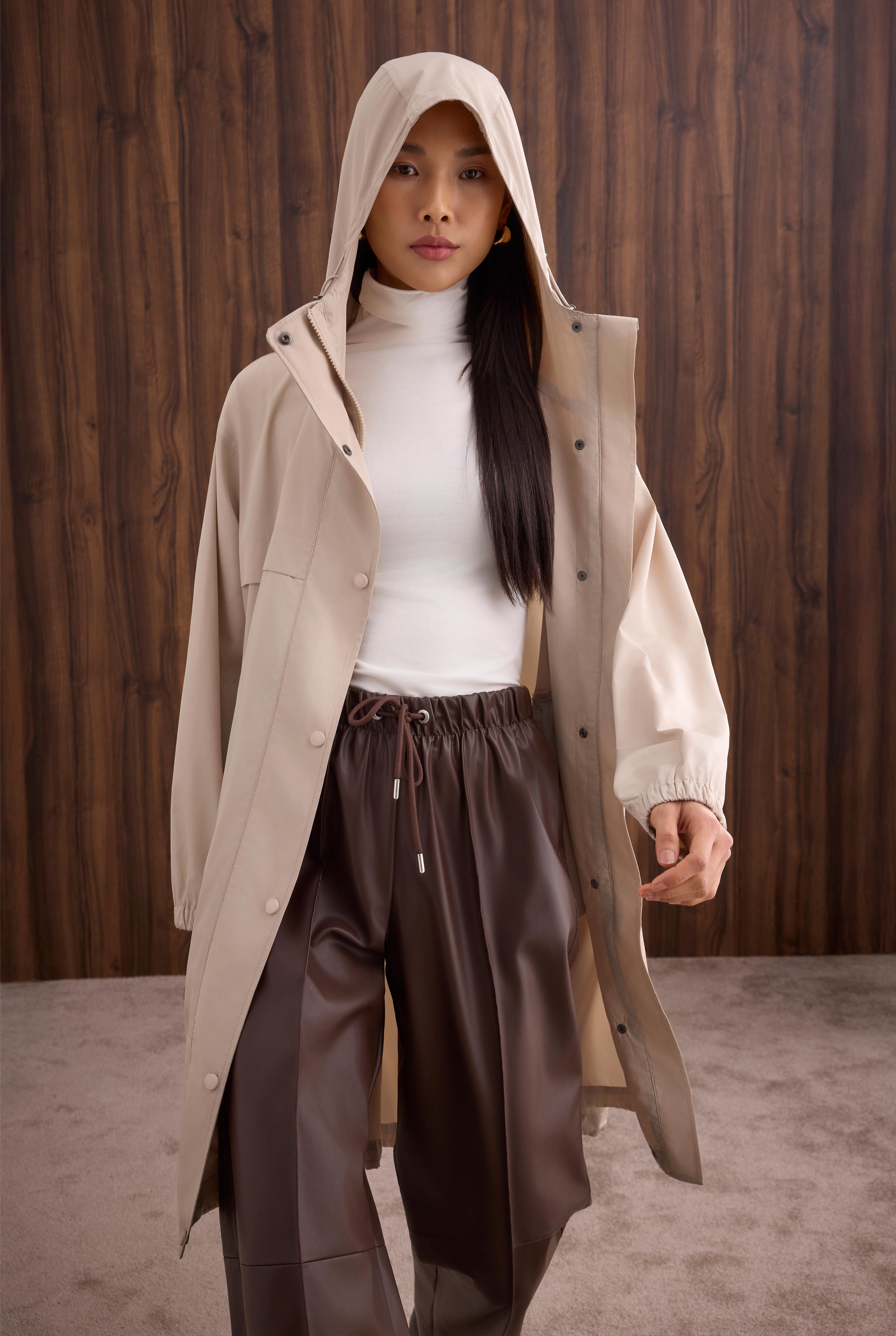 Strap Detailed Raincoat Bone - 2