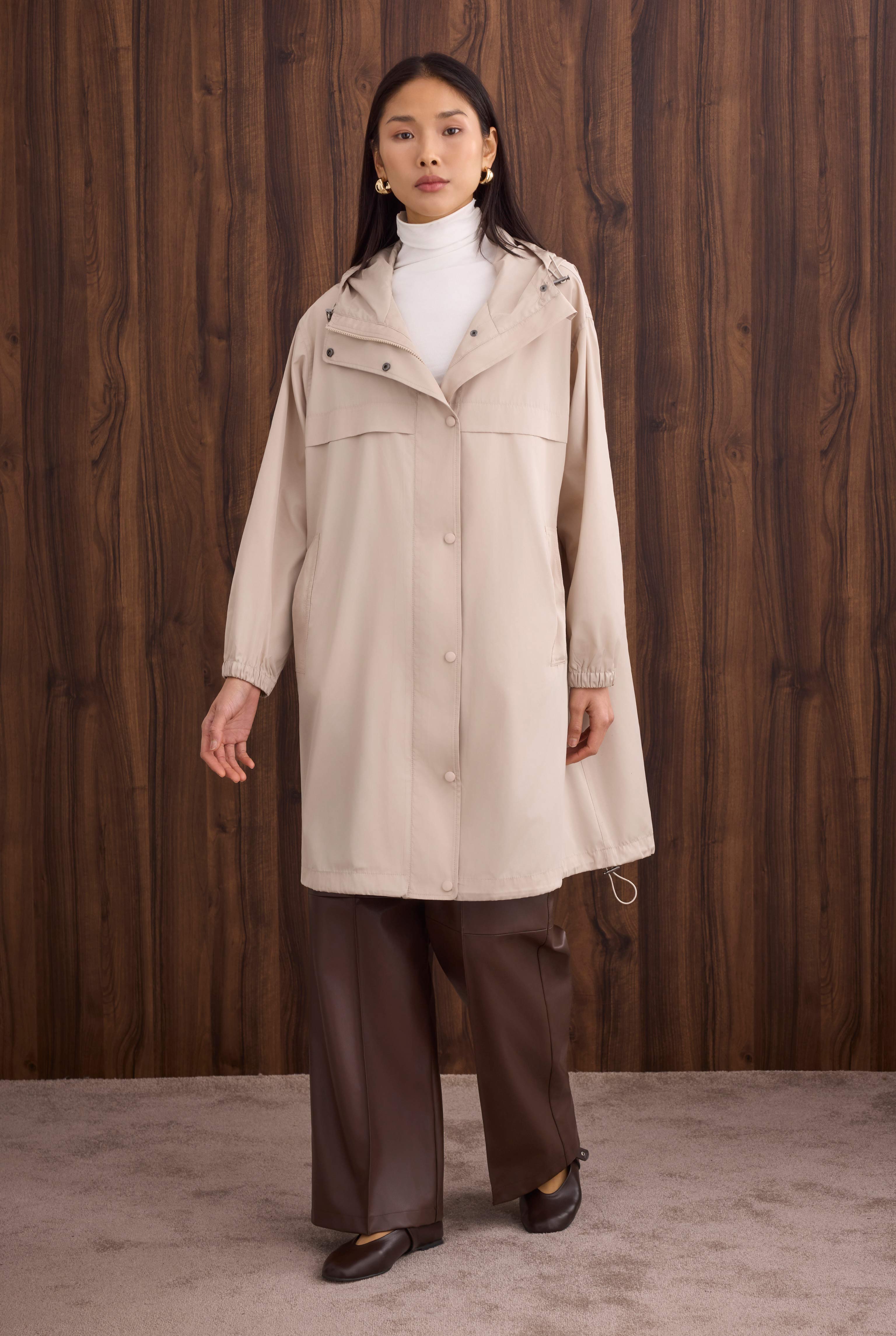 Strap Detailed Raincoat Bone - 5