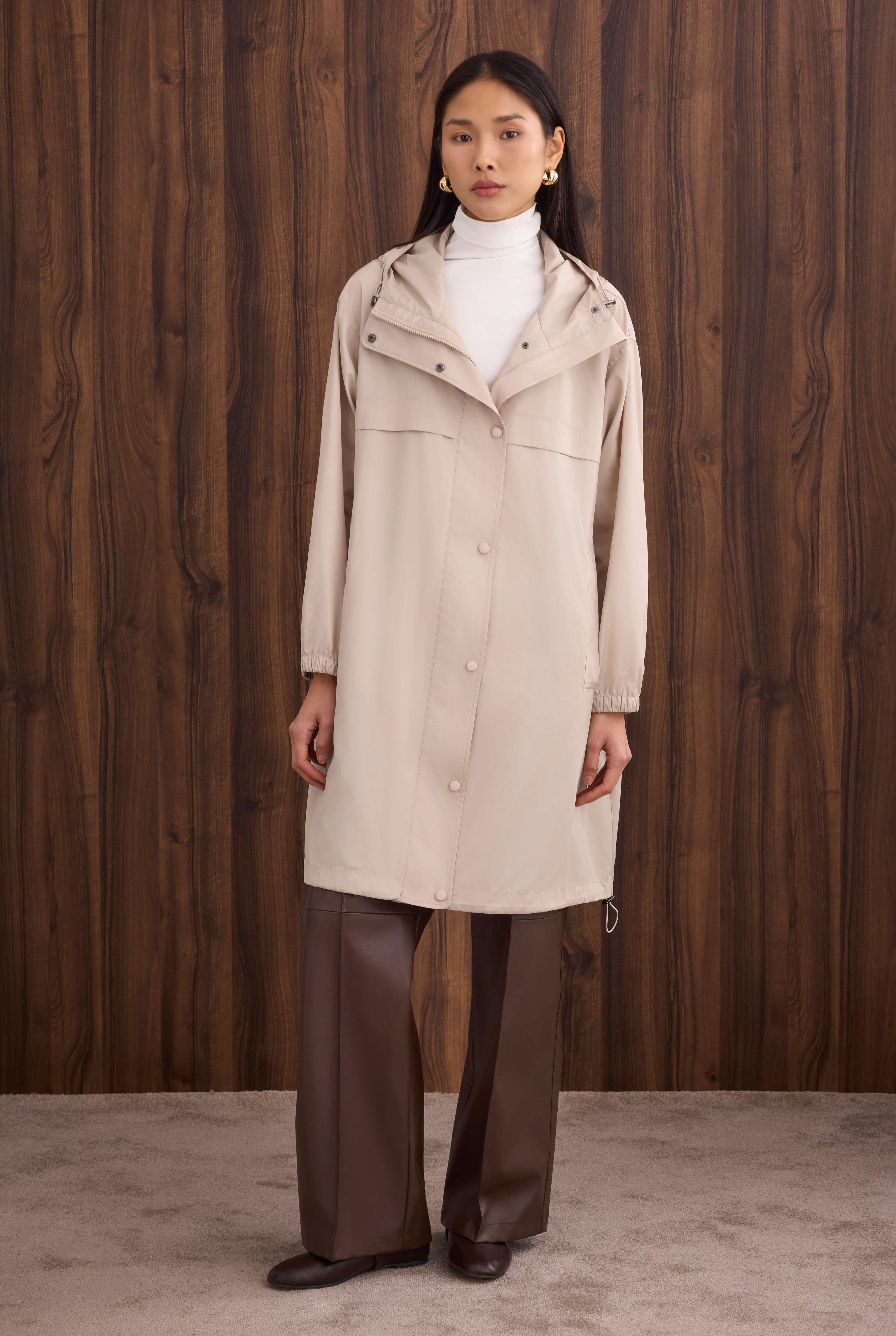 Strap Detailed Raincoat Bone - 6