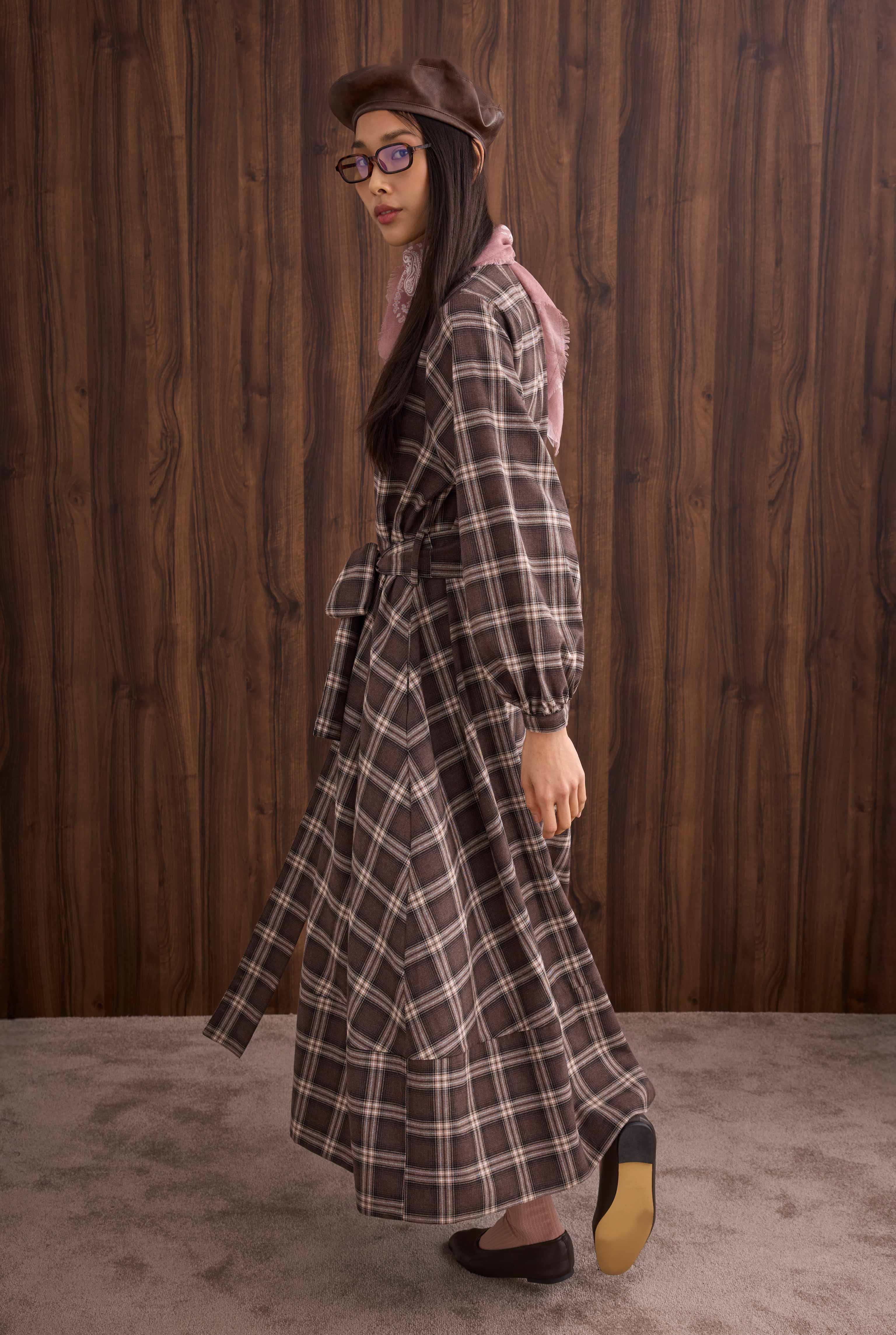Ruffled Plaid Dress Brown - 3