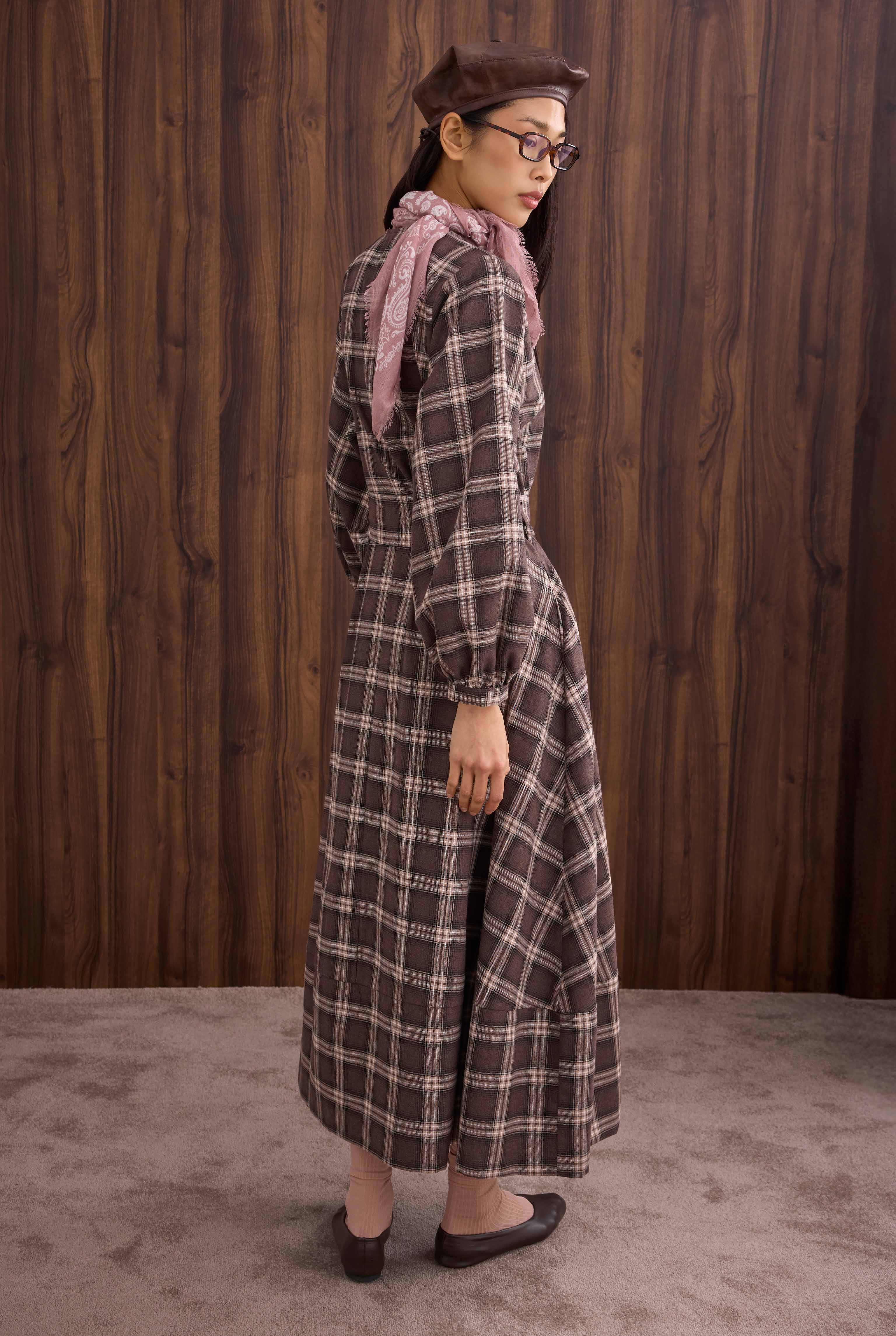 Ruffled Plaid Dress Brown - 4