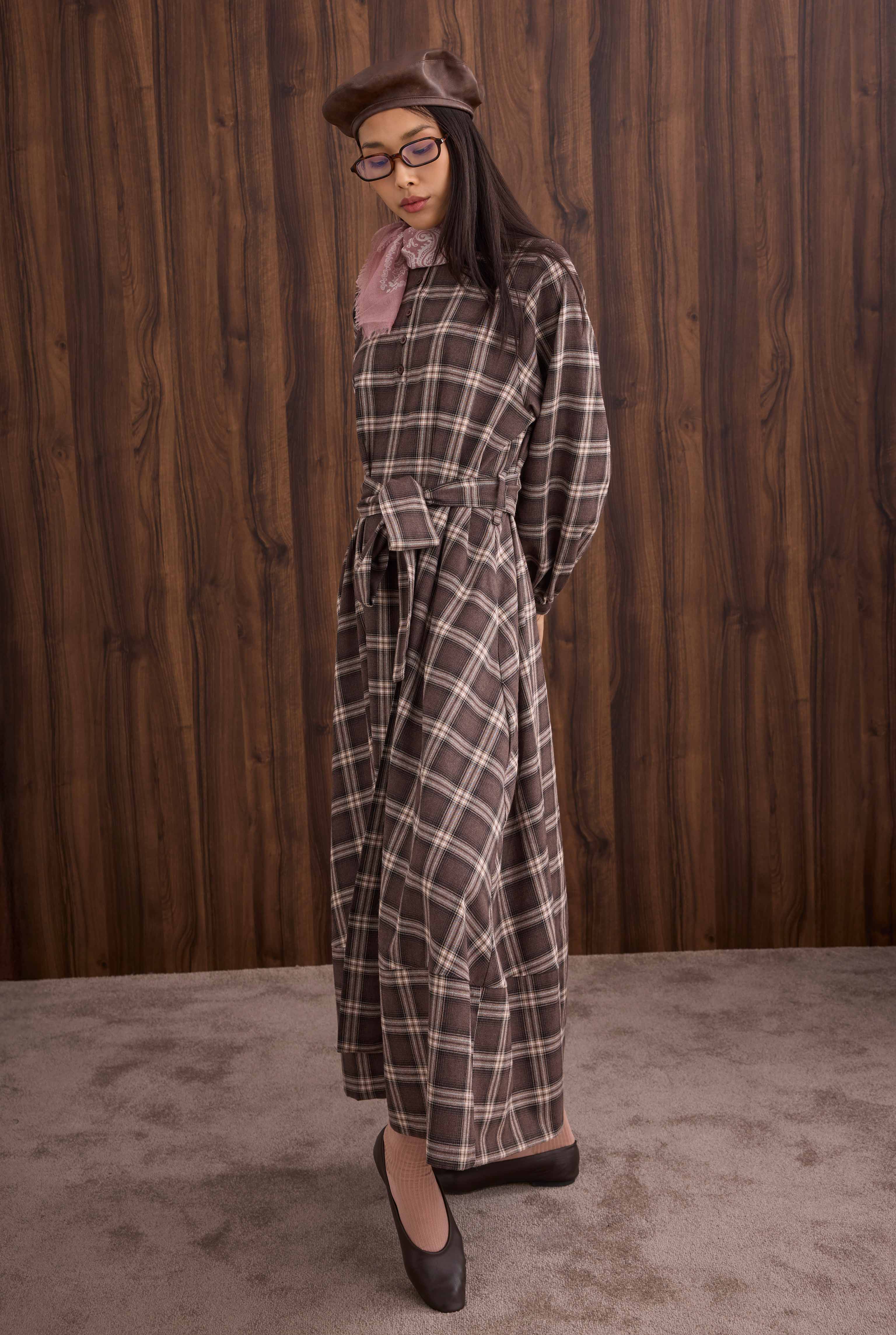 Ruffled Plaid Dress Brown - 2