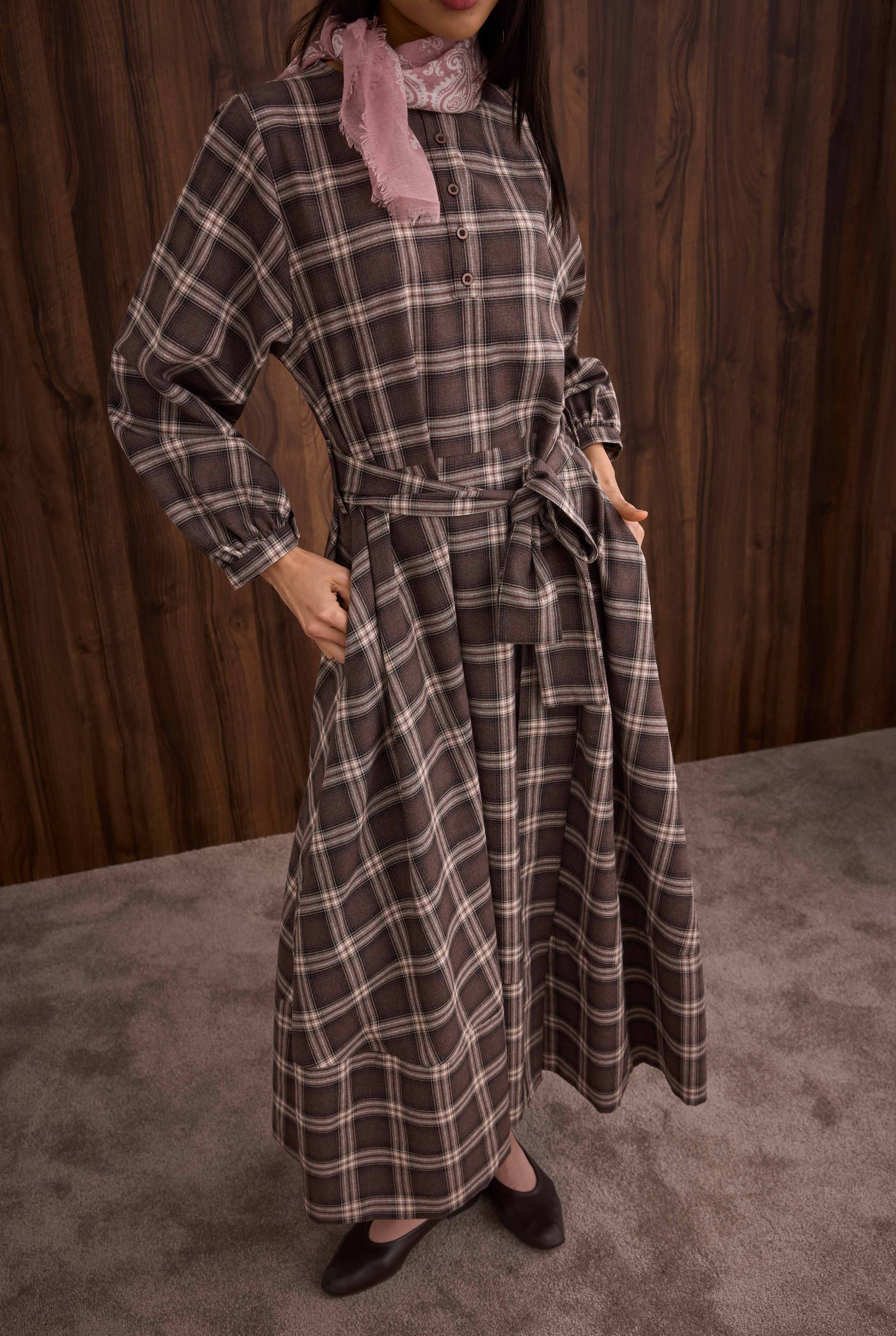 Ruffled Plaid Dress Brown - 5