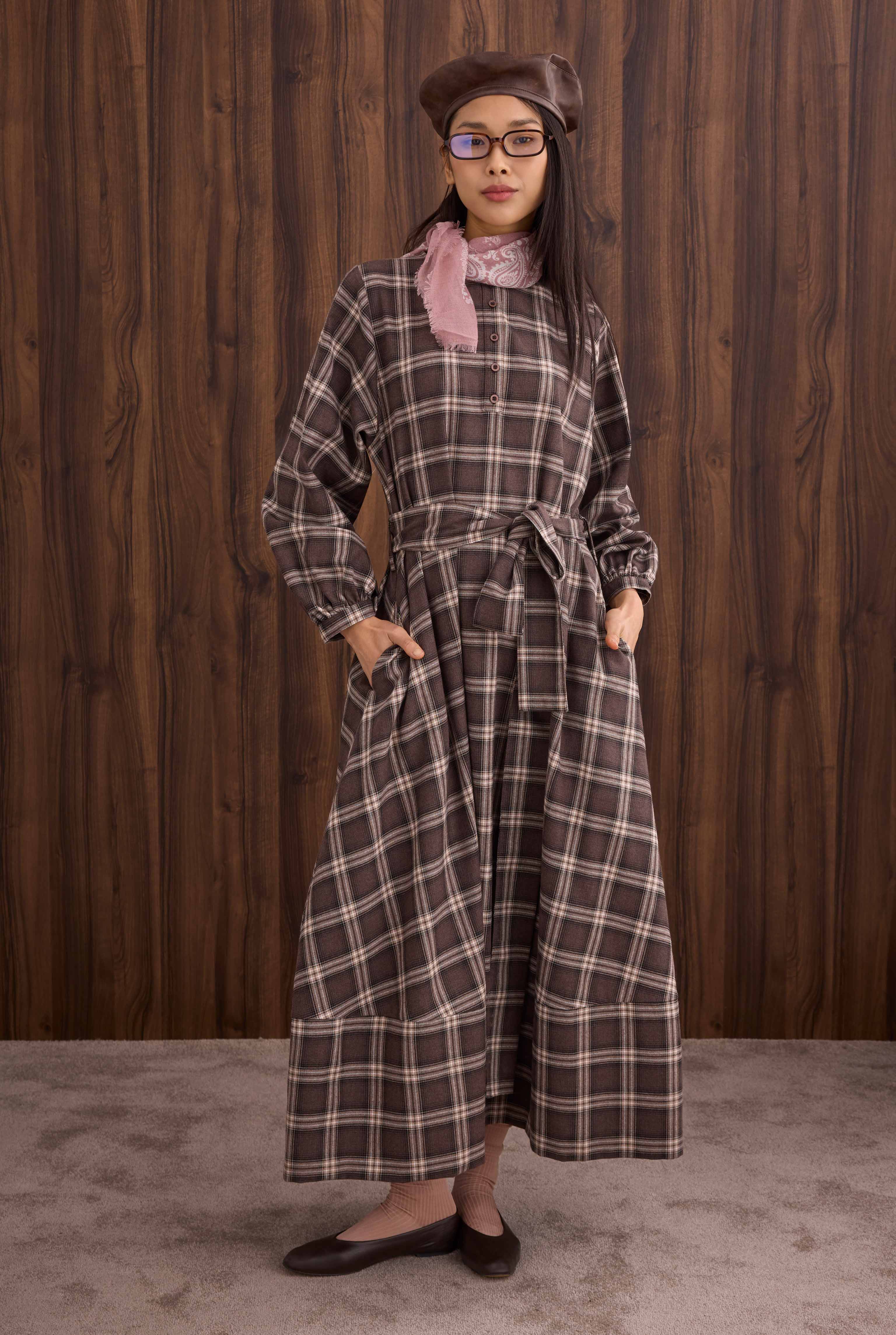 Ruffled Plaid Dress Brown - 1