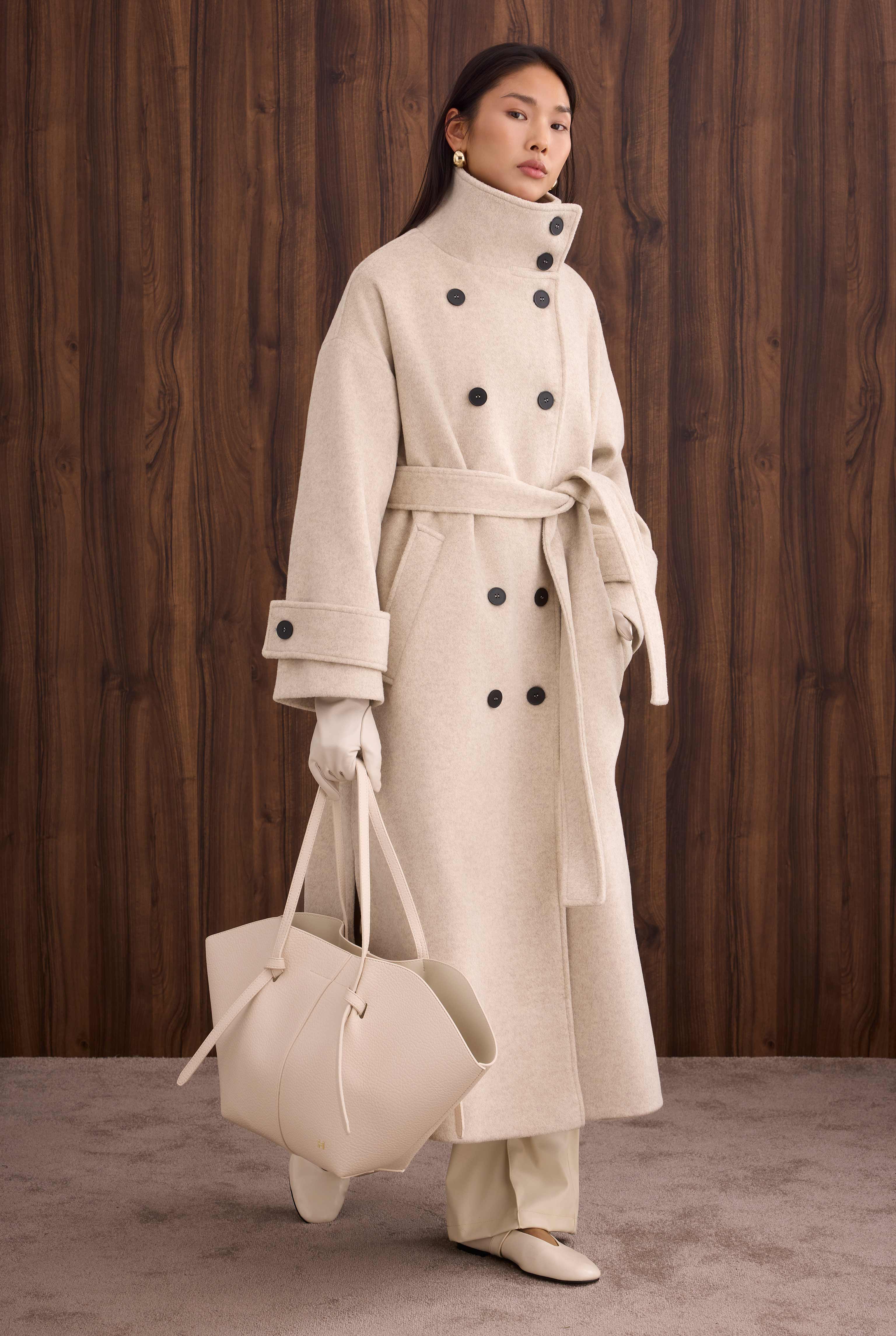 Funnel Neck Long Coat Beige - 3