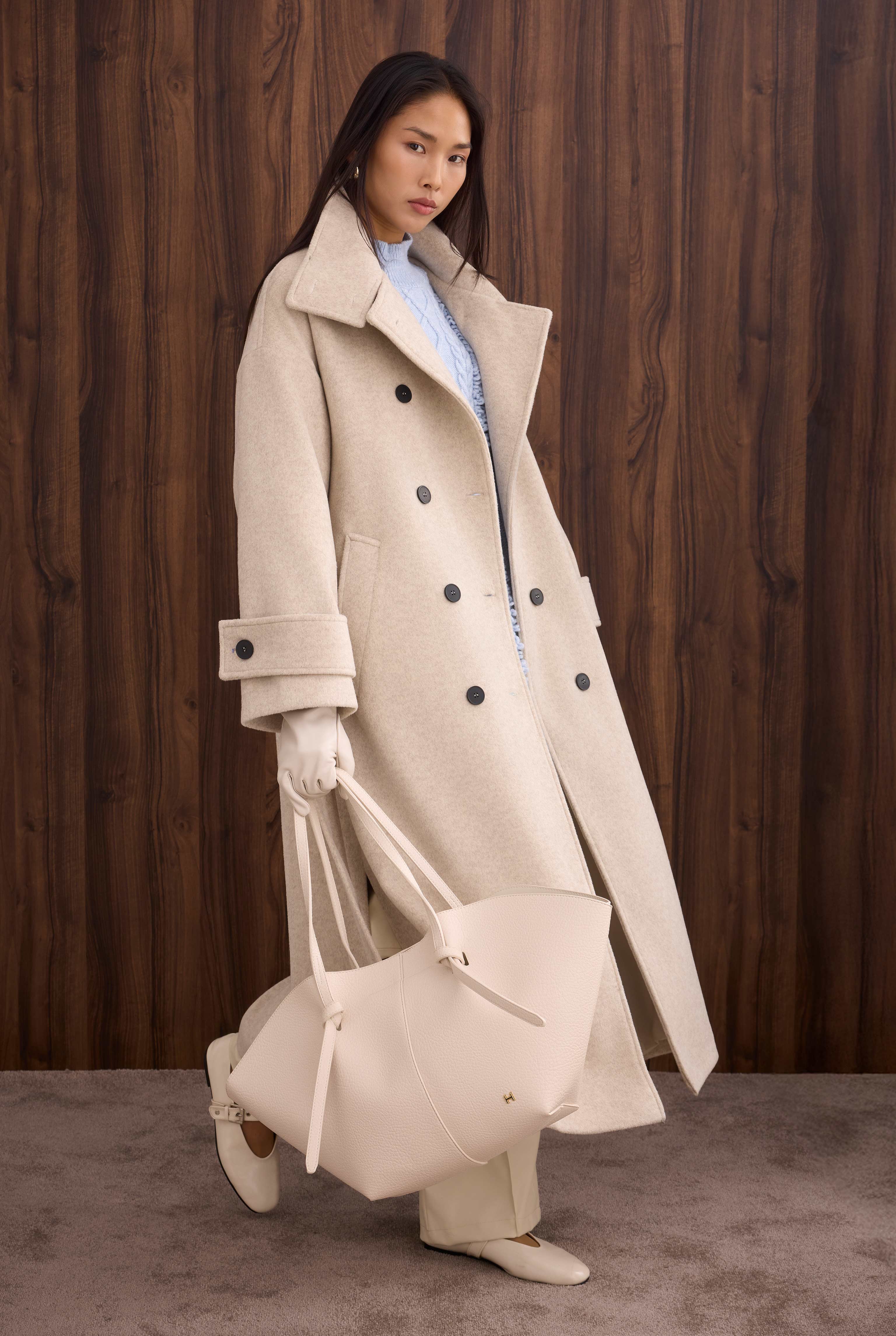 Funnel Neck Long Coat Beige - 2
