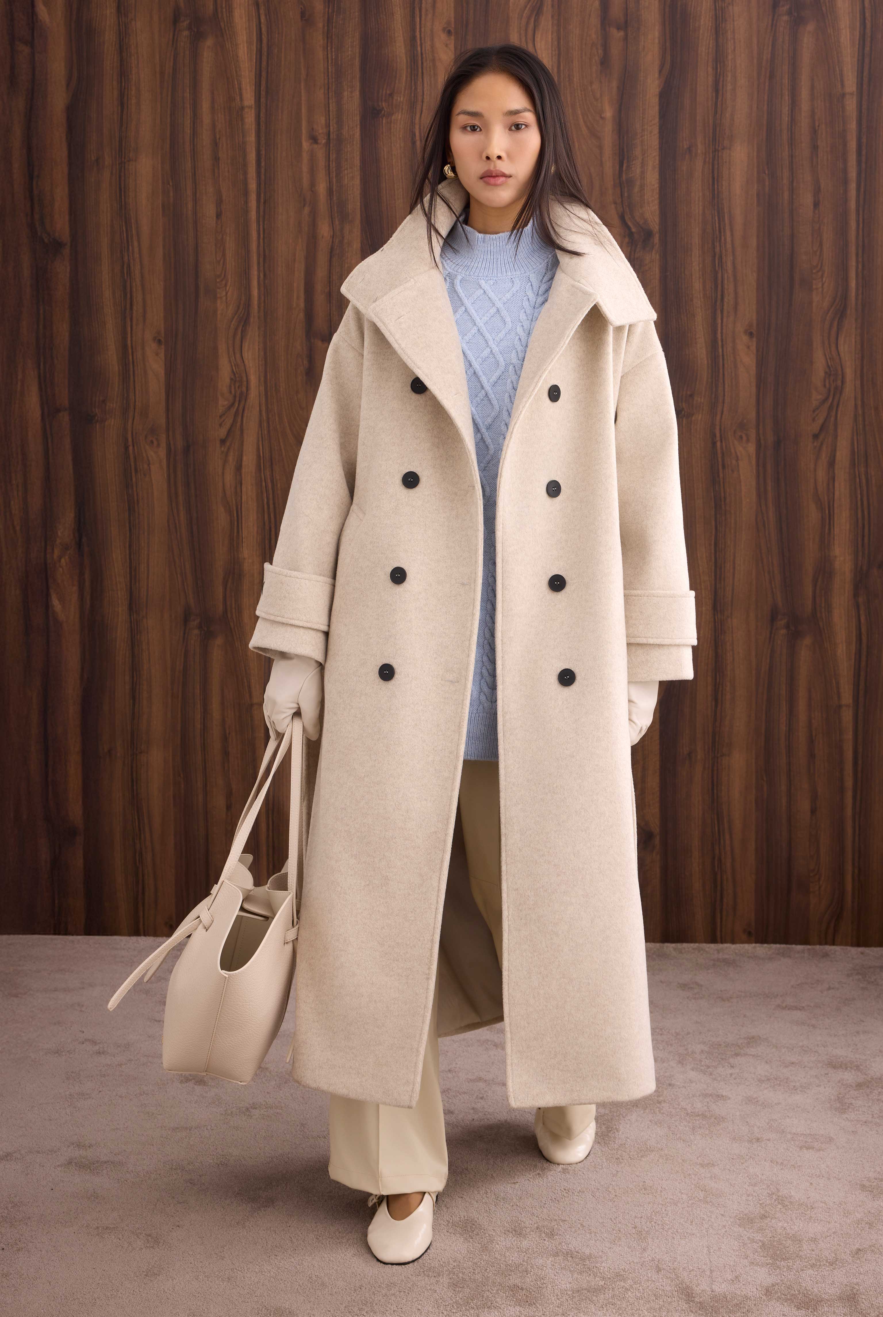 Funnel Neck Long Coat Beige - 1