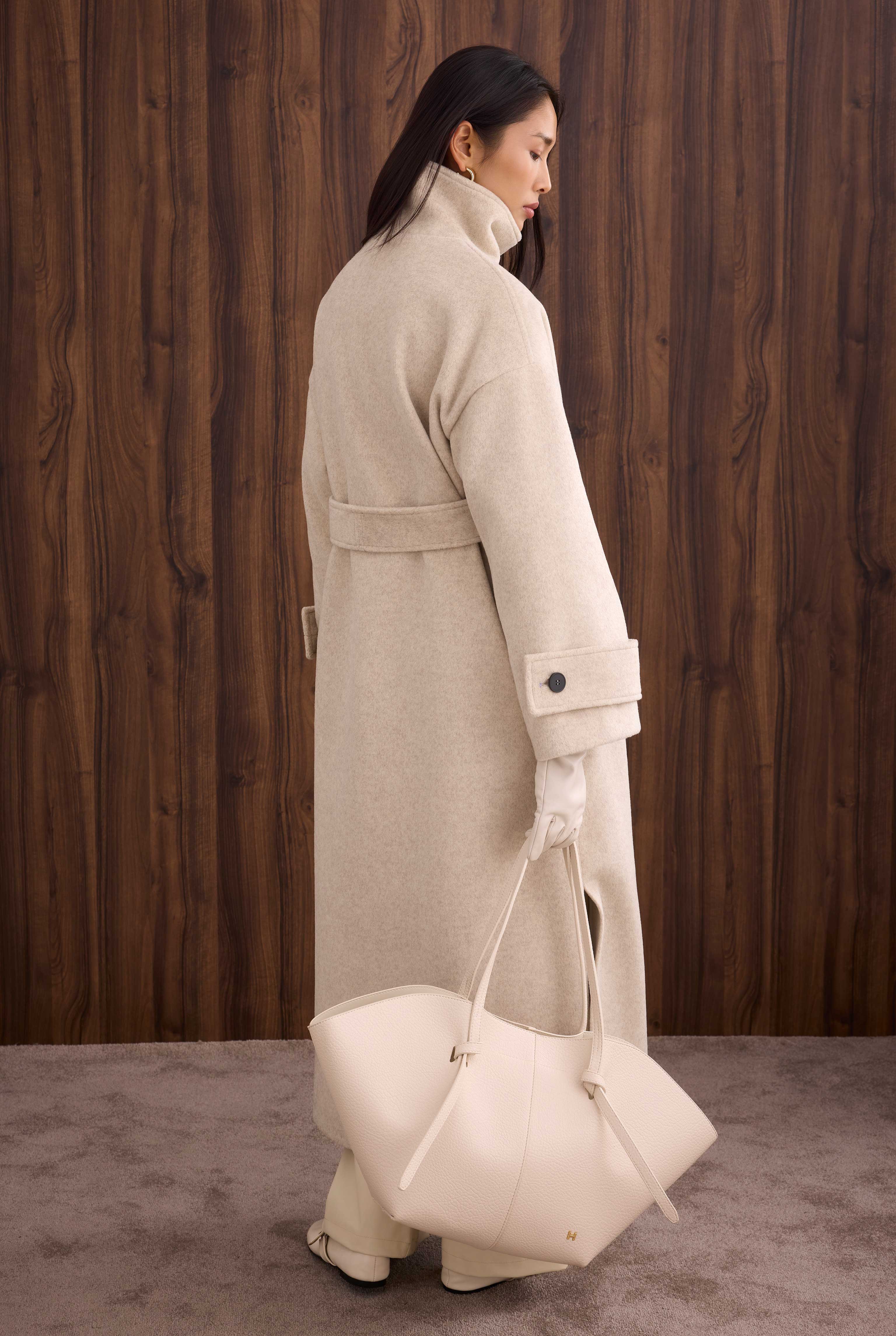 Funnel Neck Long Coat Beige - 4