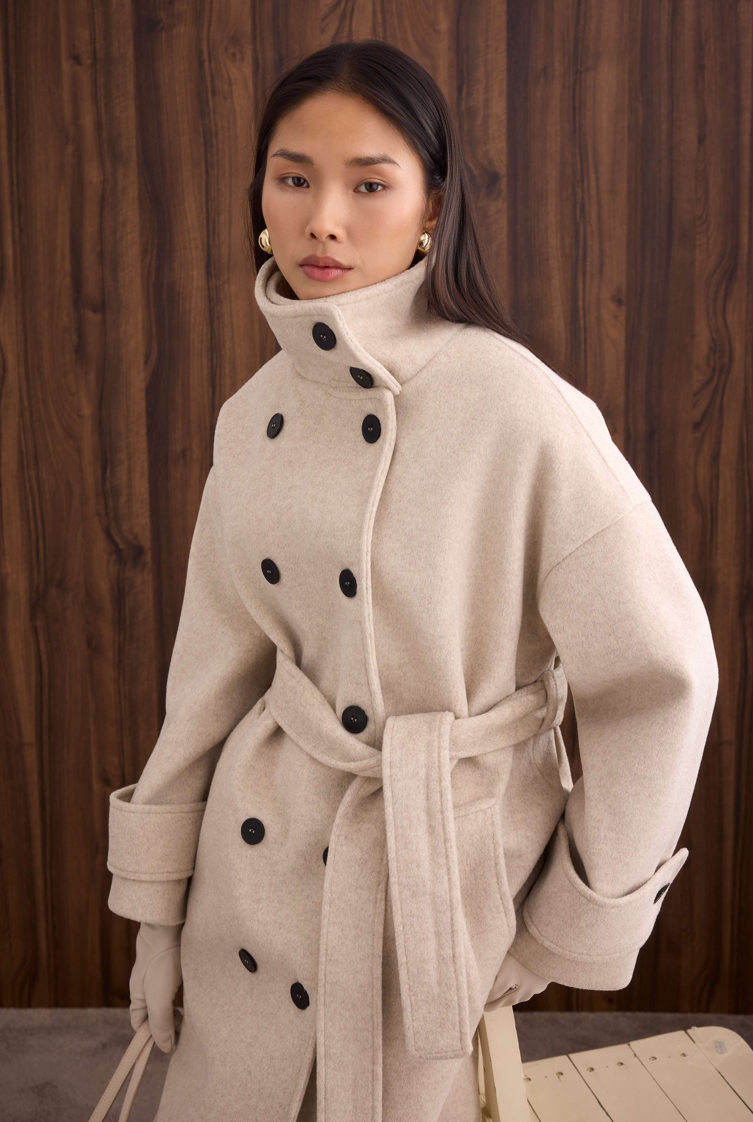 Funnel Neck Long Coat Beige - 6