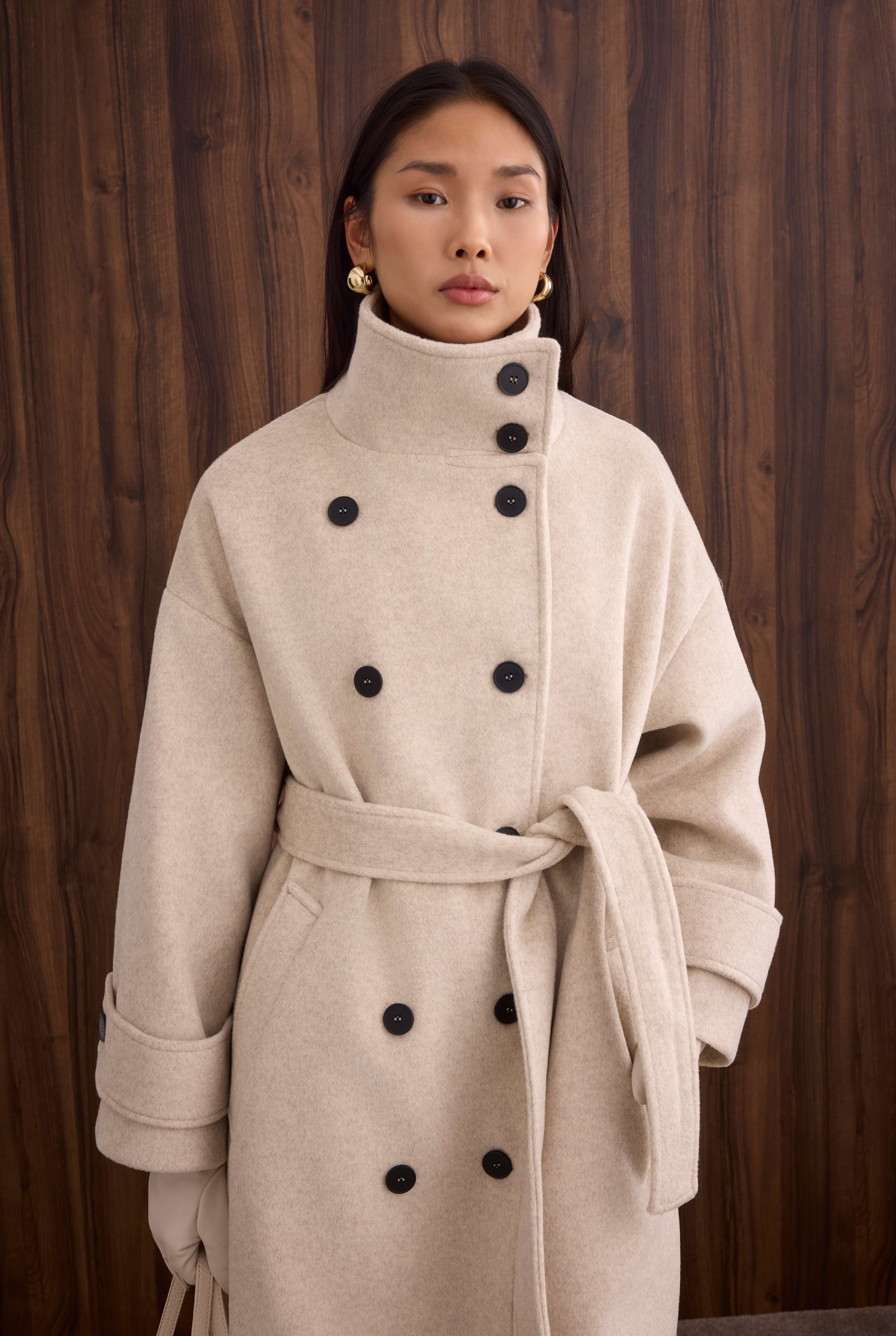 Funnel Neck Long Coat Beige - 7