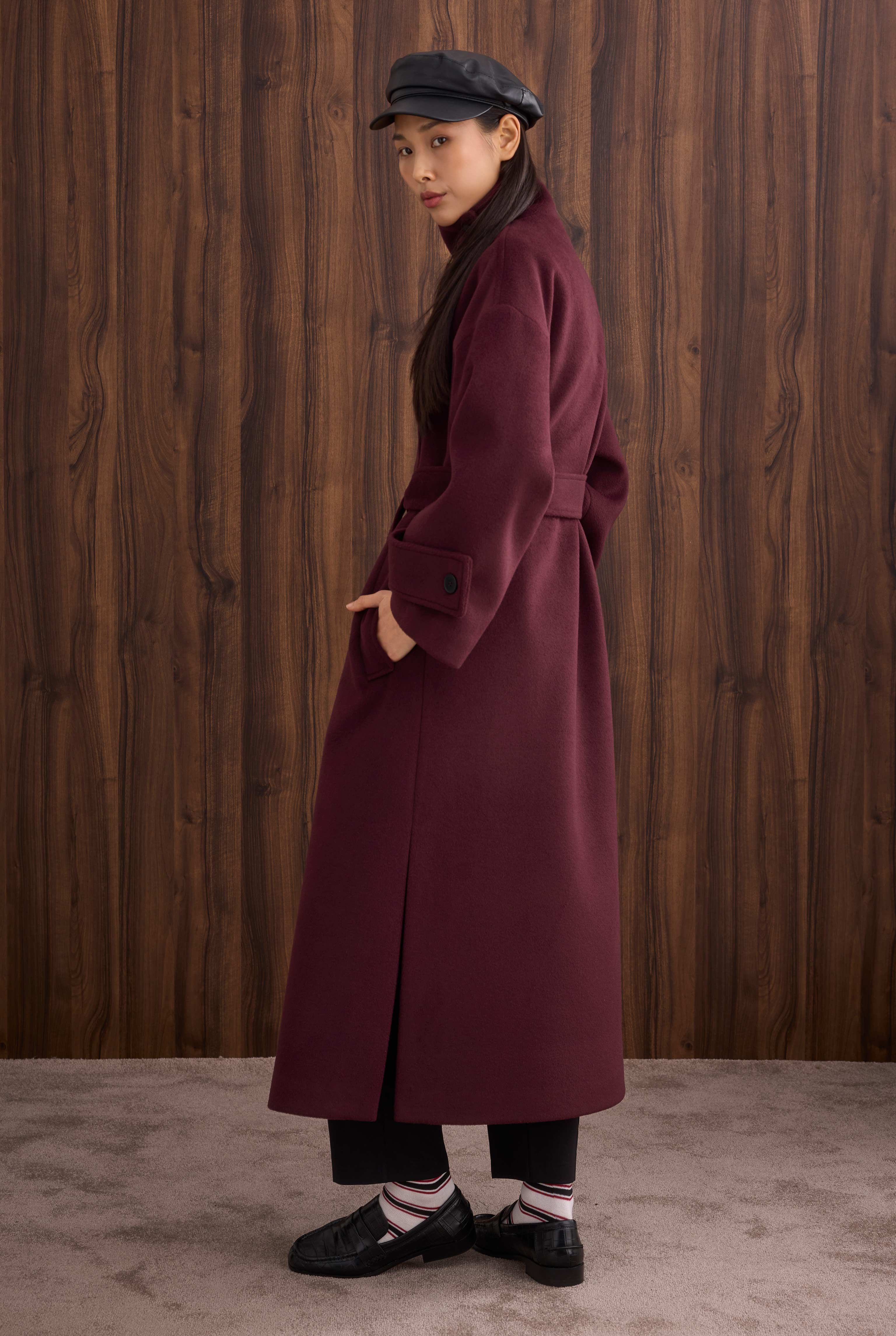 Funnel Neck Long Coat Bordeaux - 3